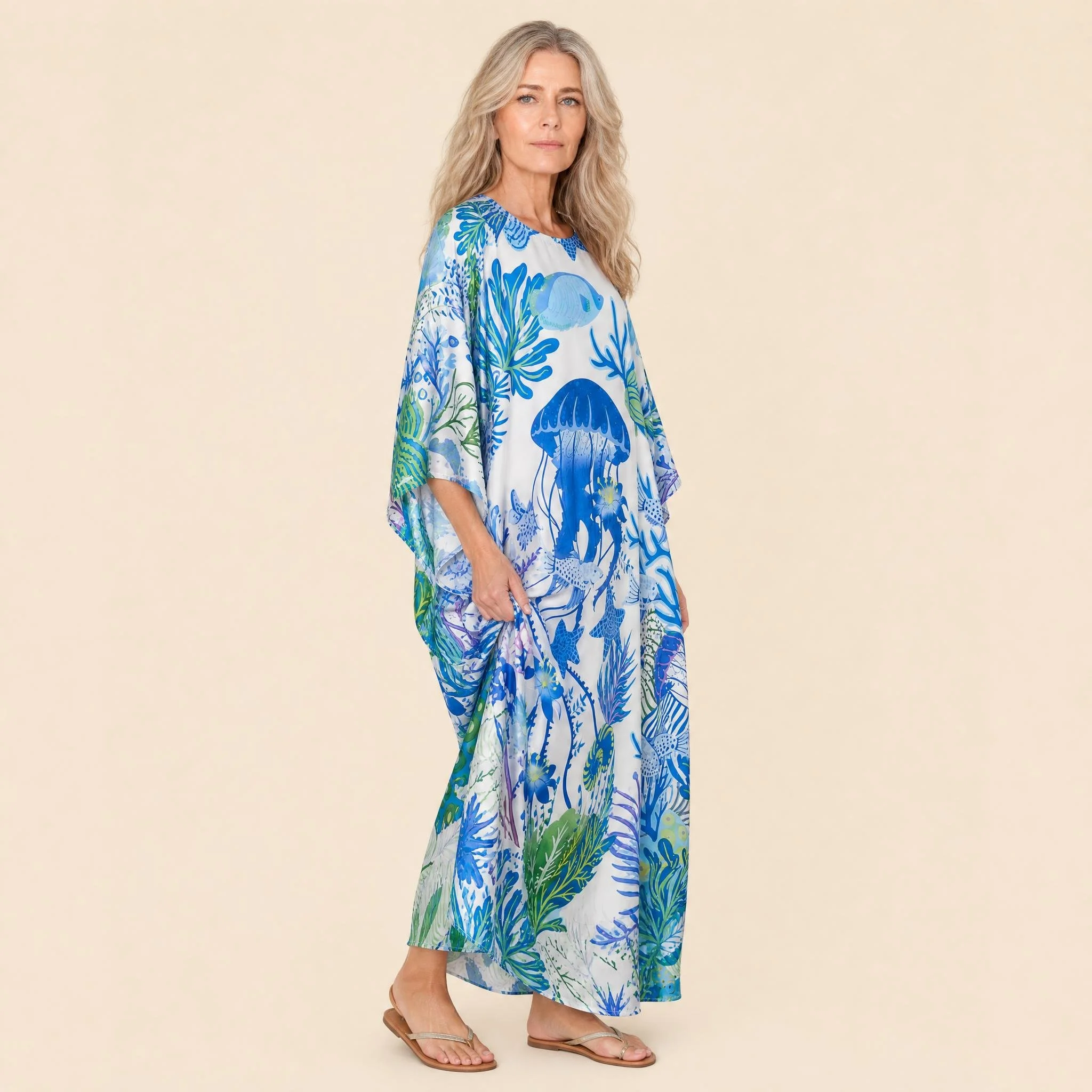 Porcelain Sea long silk kaftan in blue jellyfish and coral on white