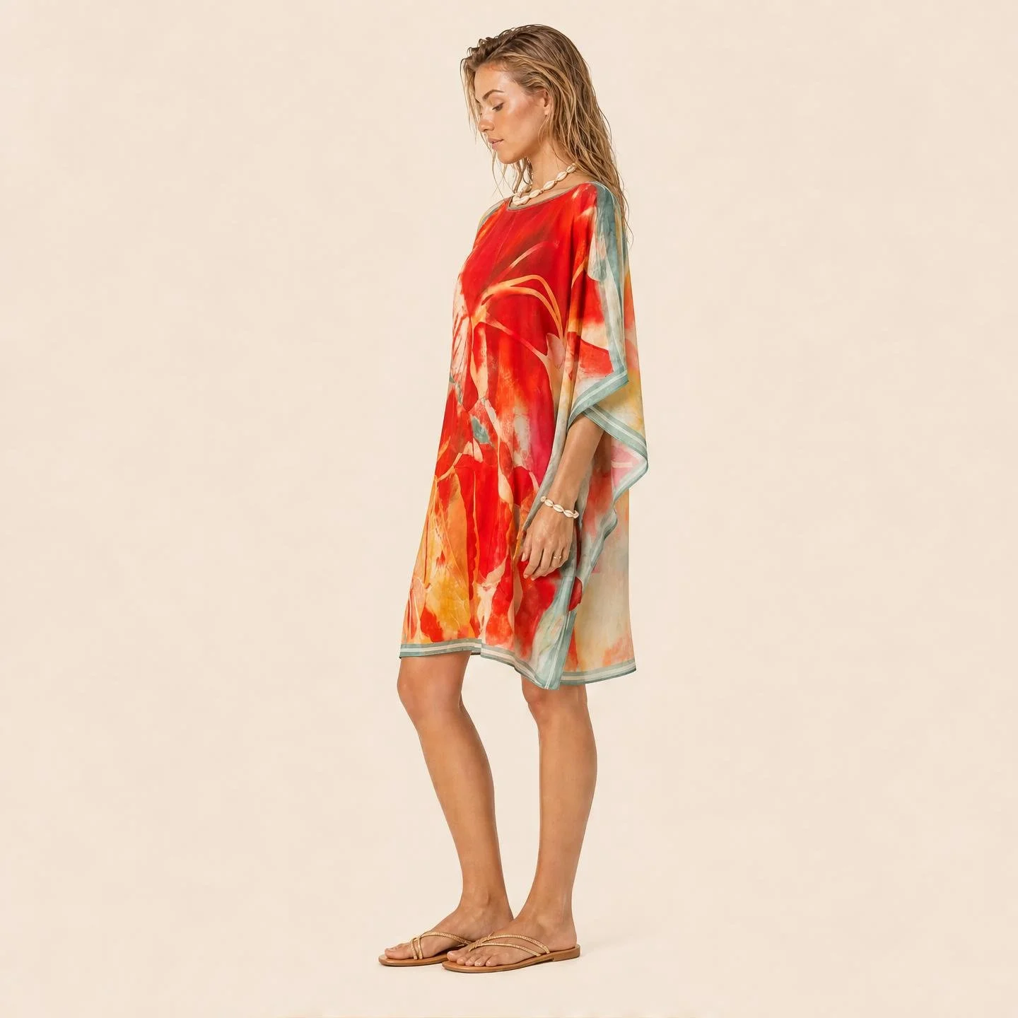 Flame Bloom mini silk kaftan in scarlet and flame watercolour washes with sage edges