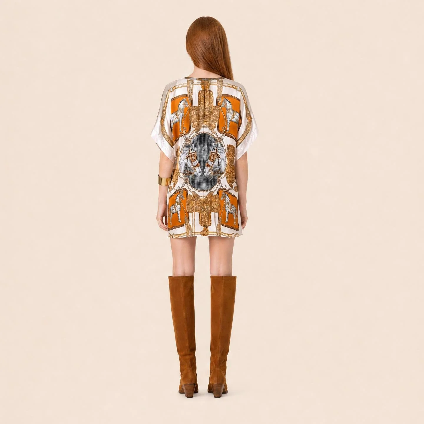 Dawn Bradbury Gilded Harness mini silk kaftan, bridled horse in a gold cartouche with burnt orange saddlery