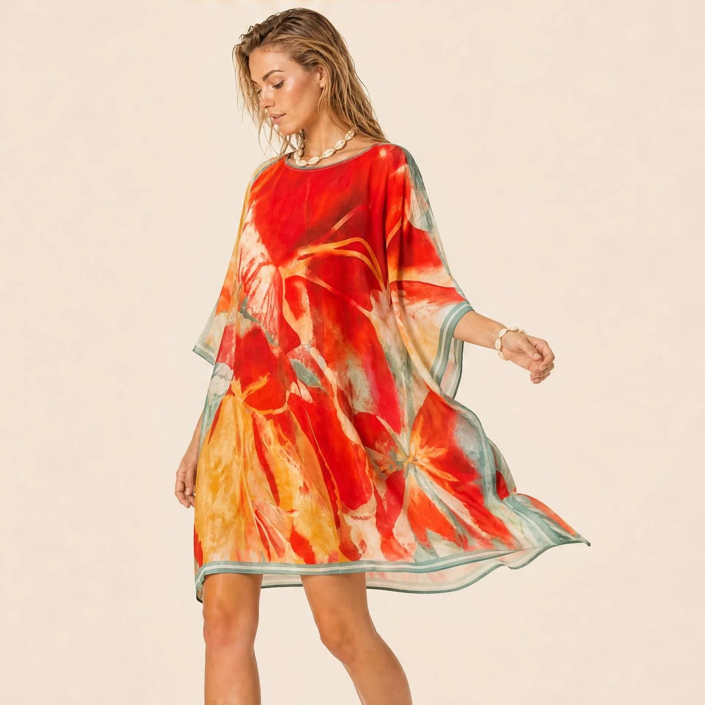 Scarlet and flame watercolour washes with sage edges — Flame Bloom mini silk kaftan by Dawn Bradbury Design