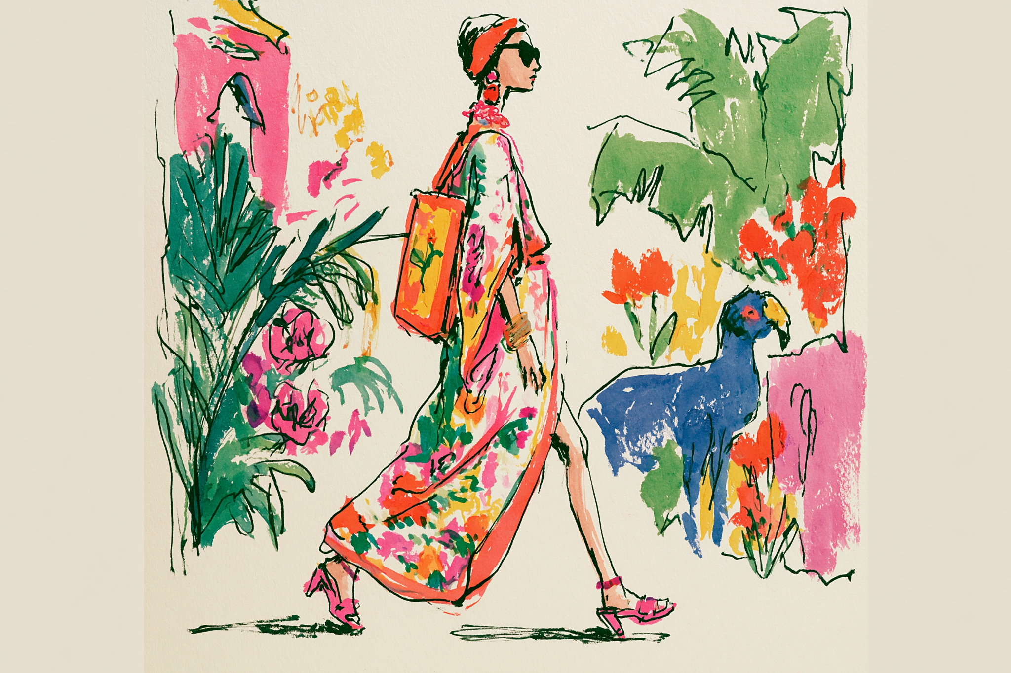 Fashionably dressed woman with a large bag, sunglasses, and earrings walking among colorful plants and flowers, with a peacock nearby.