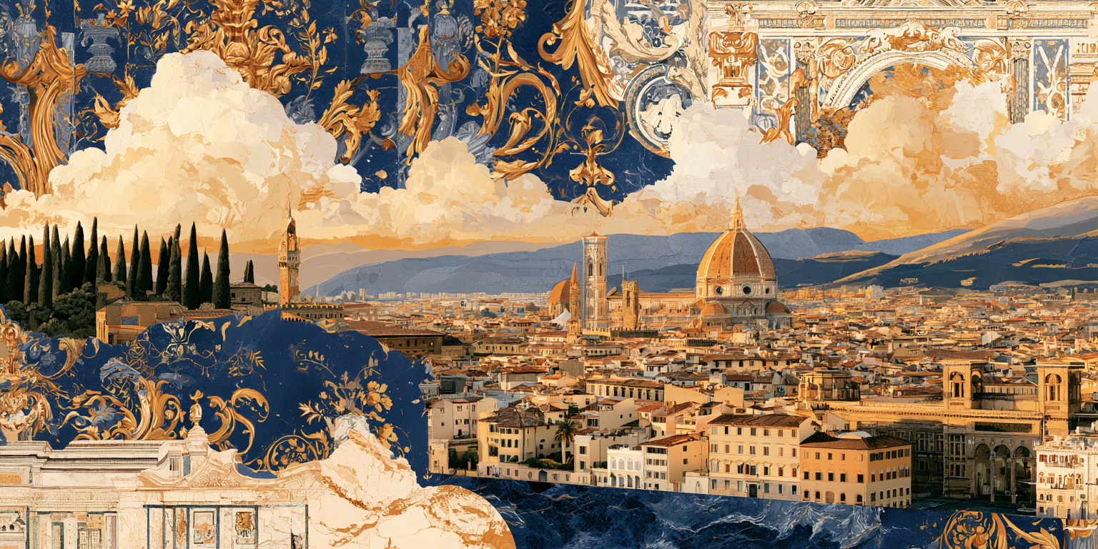 A collage of Florence, Italy featuring the Florence Cathedral with its iconic dome, Palazzo Vecchio tower, and cityscape with classical architecture, all overlaid with ornate, baroque-style patterns and clouds in a digital artistic style.