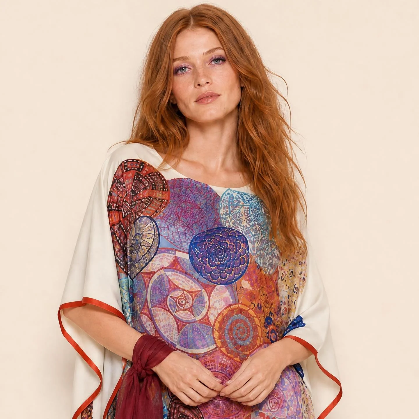 Rose, apricot and violet medallions on ivory — Rose Mandala long silk kaftan by Dawn Bradbury Design