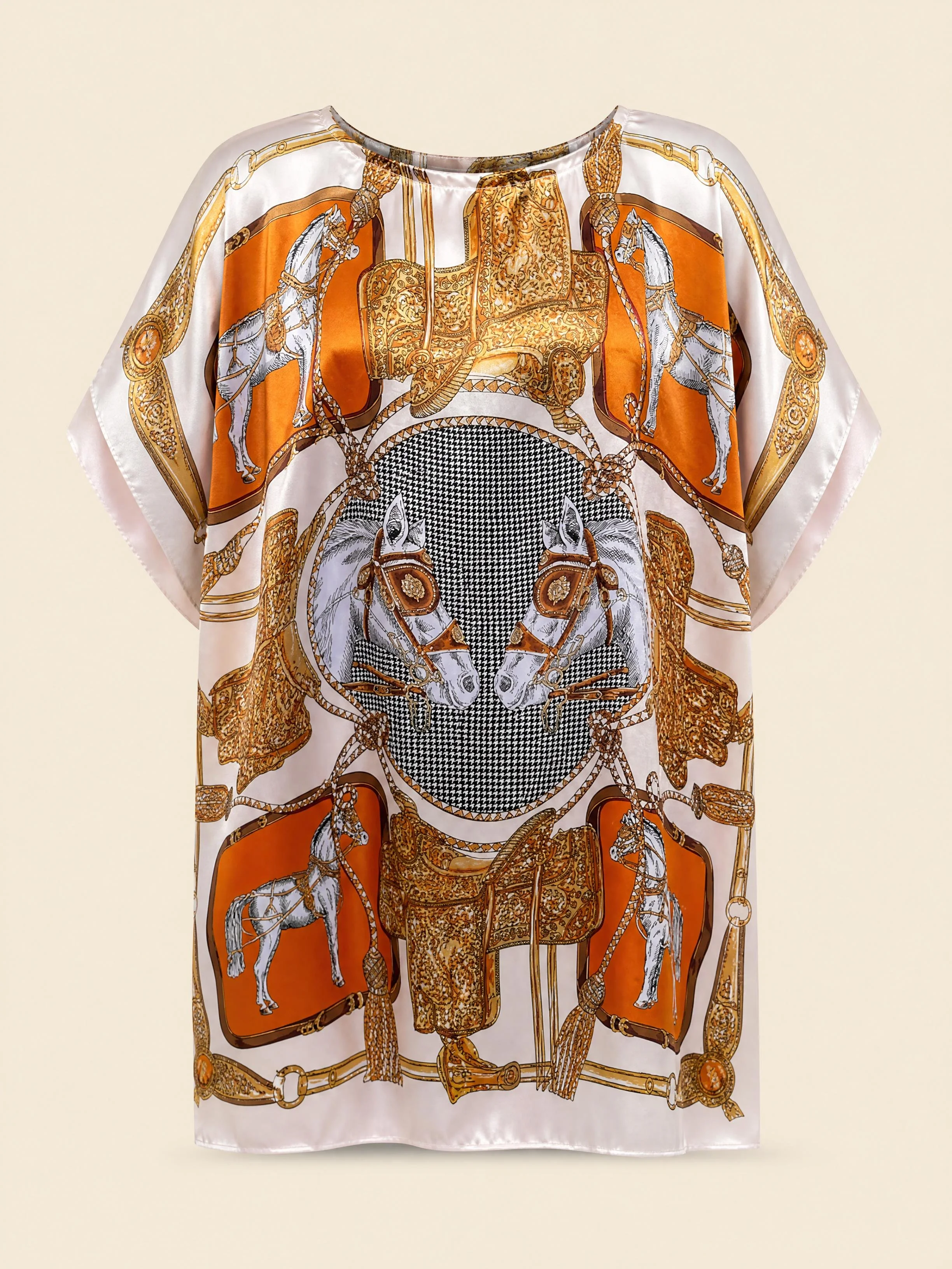 Gilded Harness resort wear mini silk kaftan in bridled horse in a gold cartouche with burnt orange saddlery