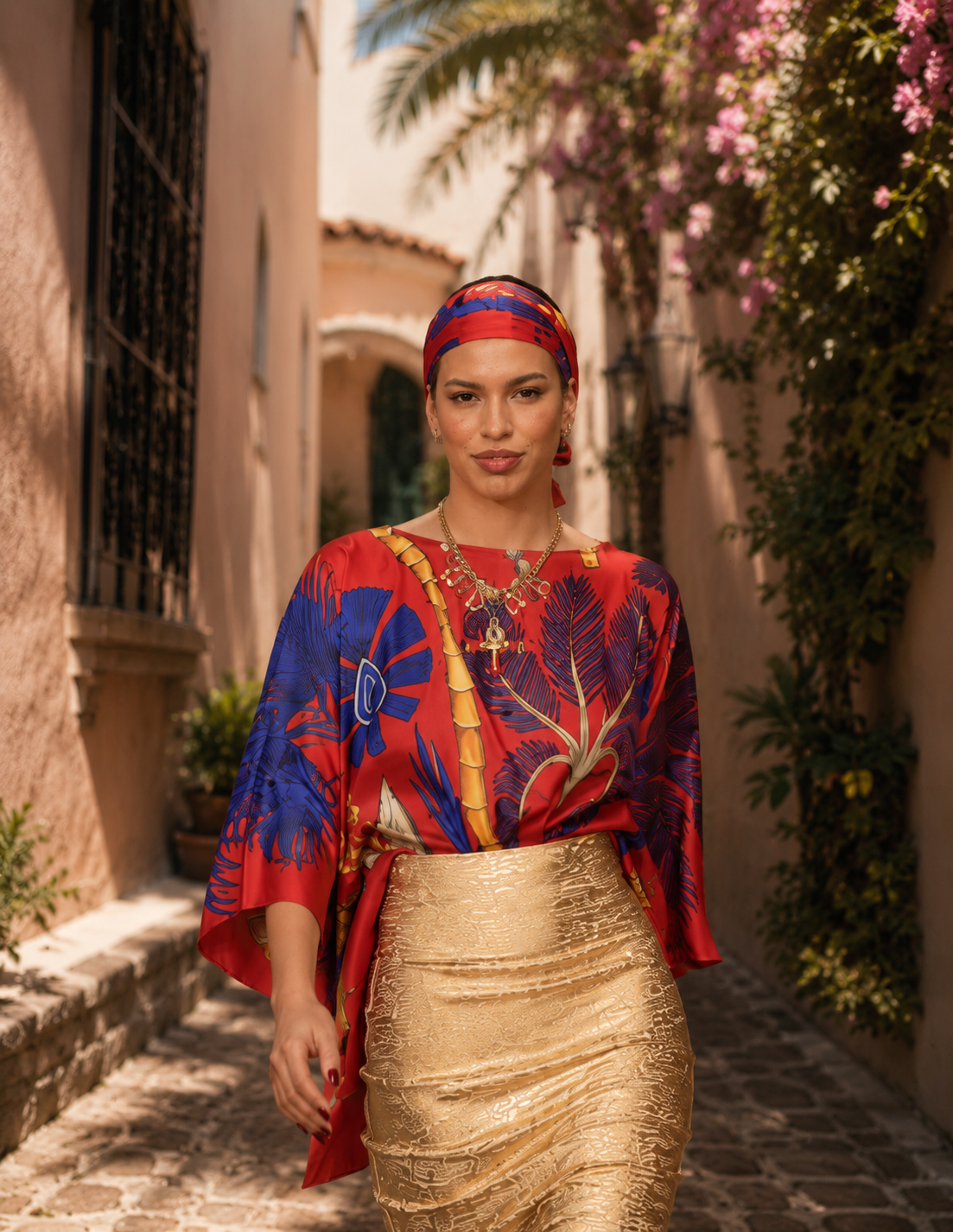 A woman wearing a colorful, patterned top, a gold skirt, and a matching headscarf standing in a narrow, sunny alleyway with flowering plants and old buildings.