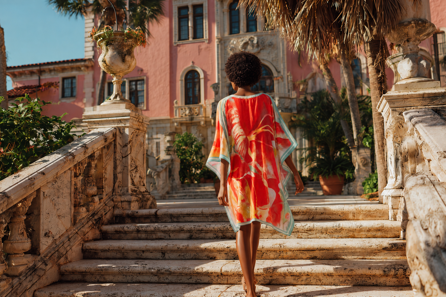 A woman walking up a stone staircase outside a colorful pink Mediterranean-style building with decorative architecture and lush potted plants.