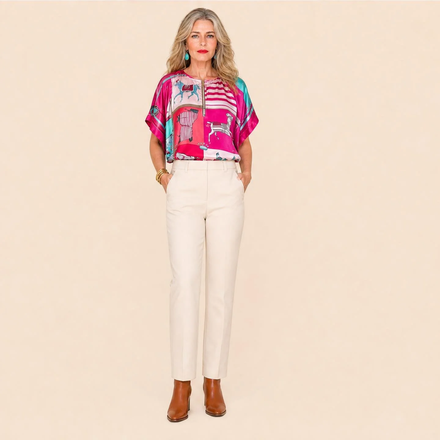 Rose Stable mini silk kaftan in blanketed horses in fuchsia, watermelon and rose patchwork