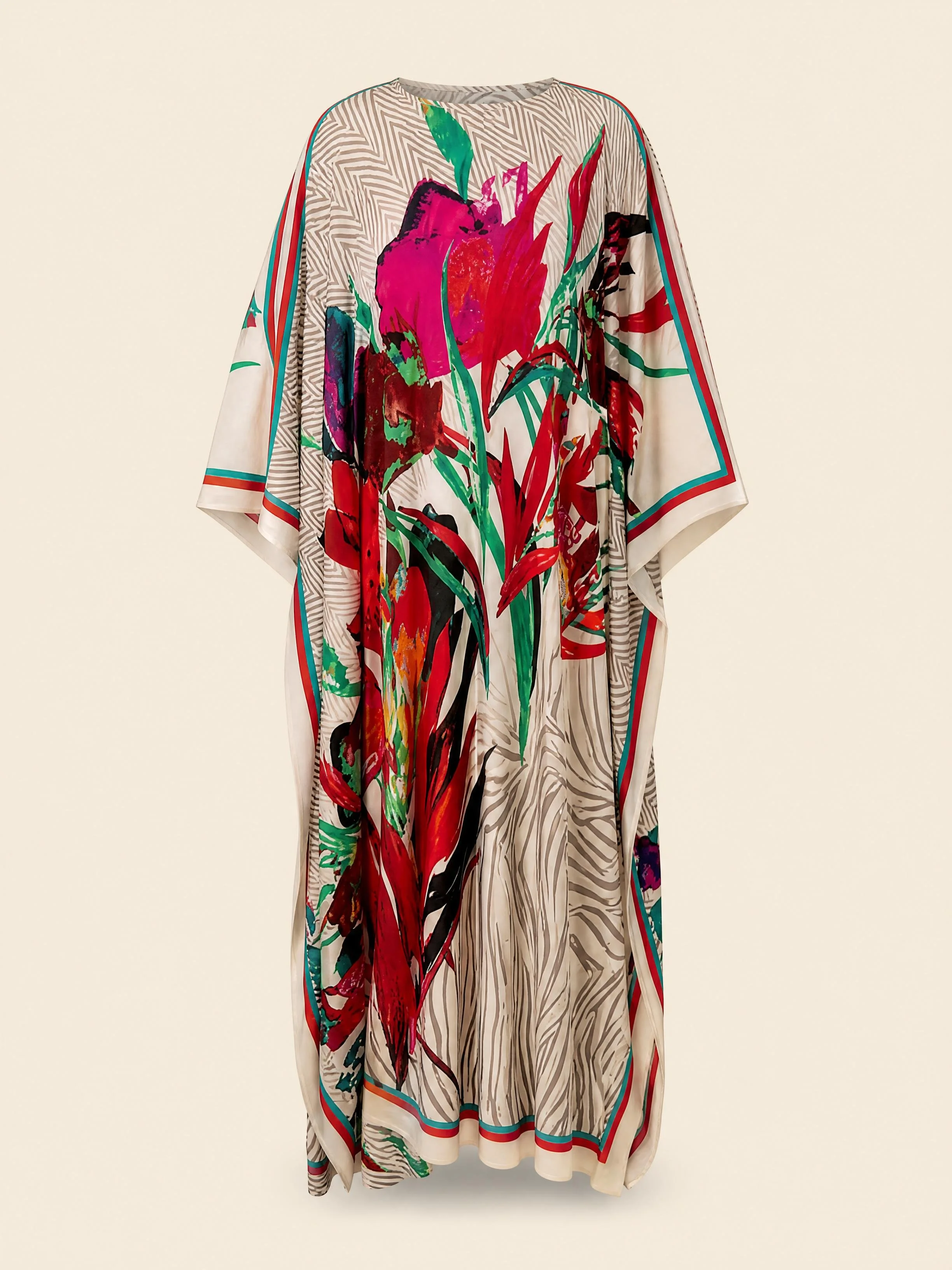 Ruby Tulip resort wear long silk kaftan in ruby and magenta blooms on woven-texture cream