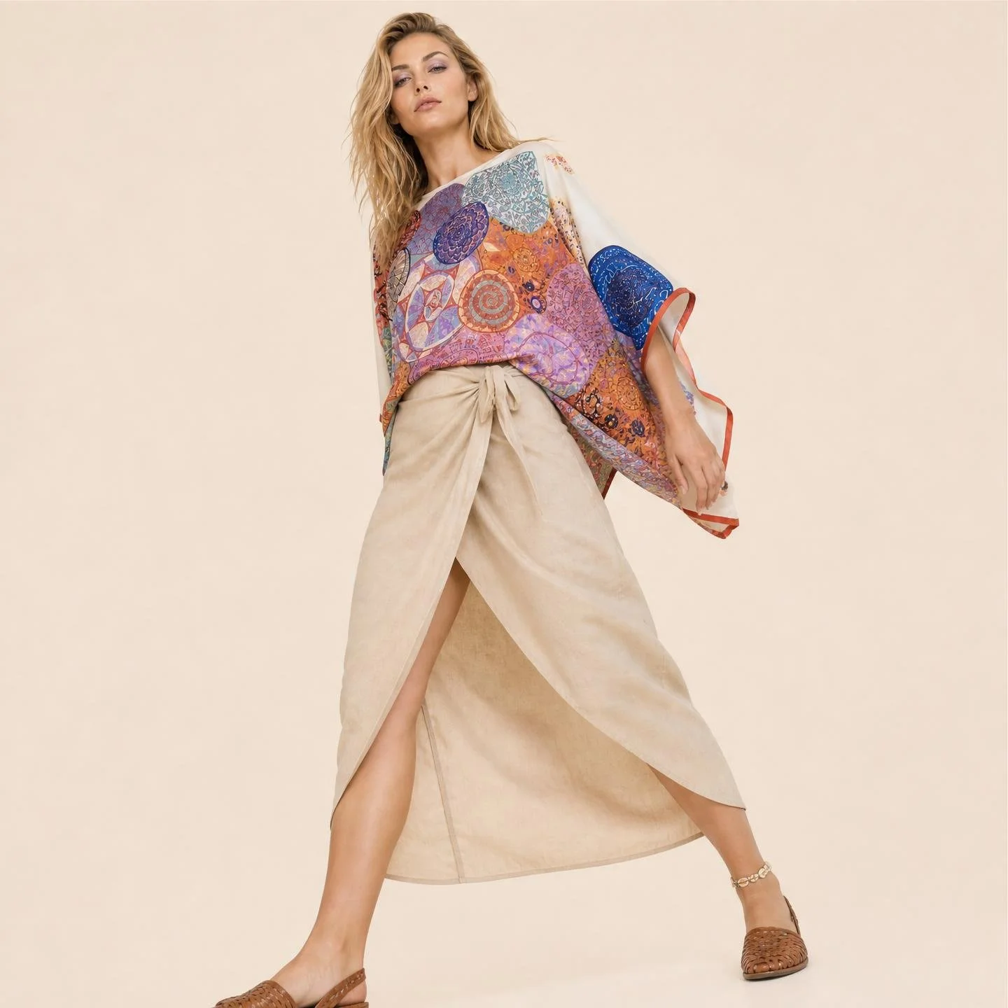 Dawn Bradbury Rose Mandala mini silk kaftan, rose, apricot and violet medallions on ivory