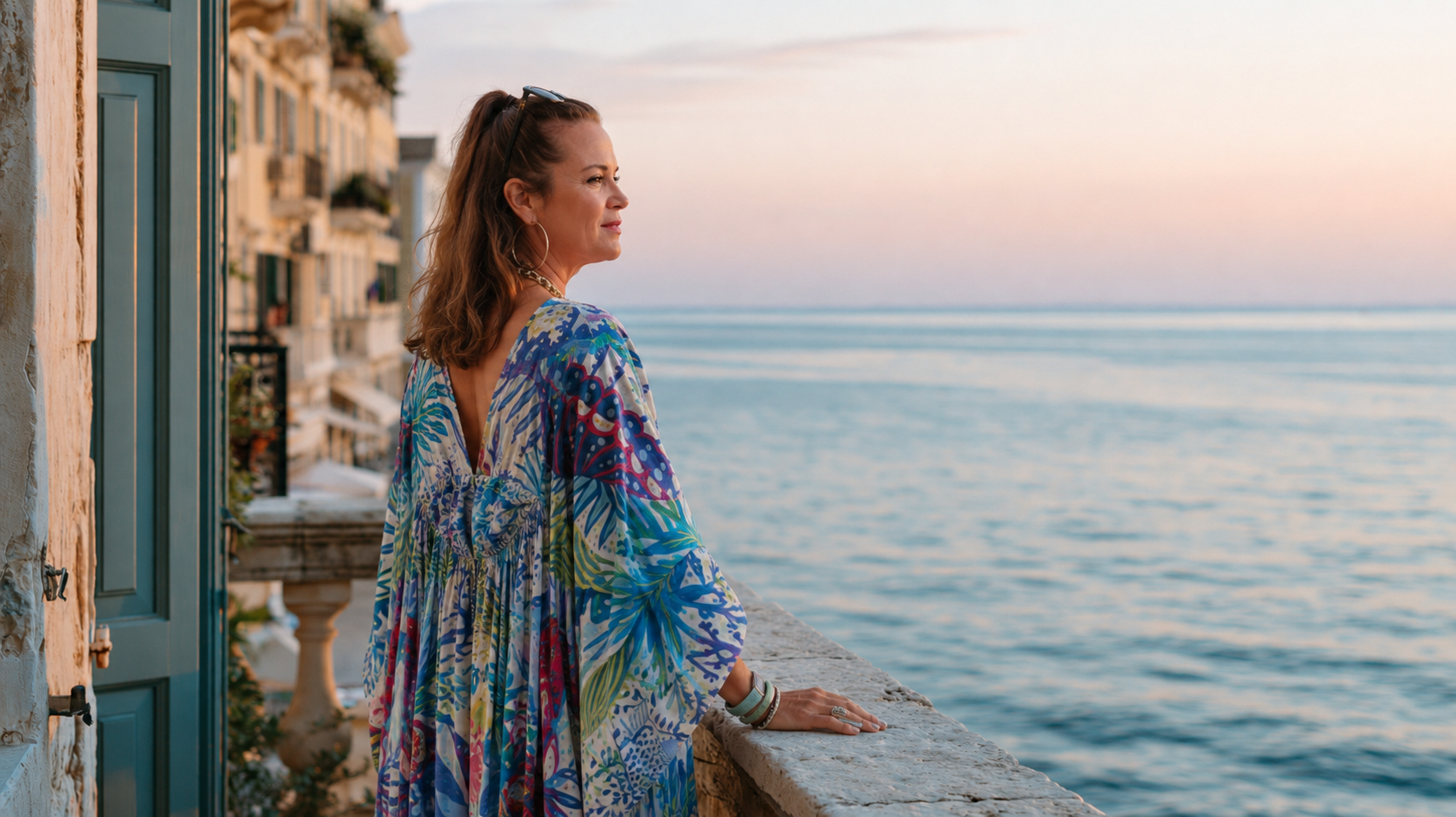 Woman standing on a balcony overlooking the ocean during sunset, wearing a colorful patterned dress with sunglasses on her head.