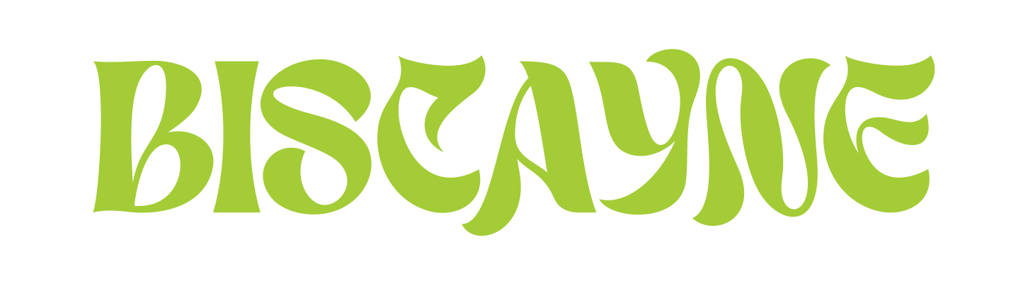 Stylized green text spelling 'BISCAYNE' with a playful, wavy font.