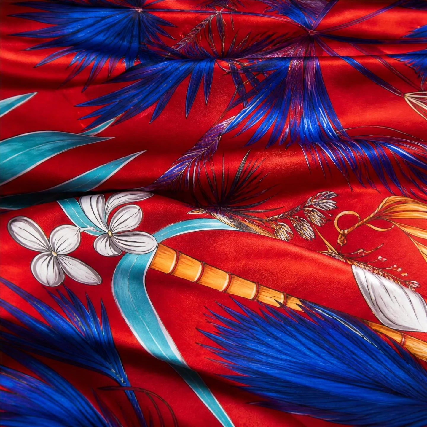 Scarlet Palm resort wear long silk kaftan in cobalt fan palms and white orchids on scarlet
