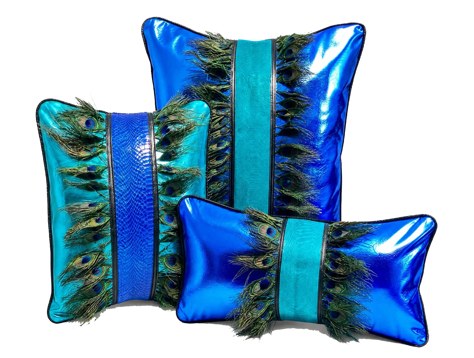 Set of three decorative pillows with peacock feather designs and blue satin fabric.