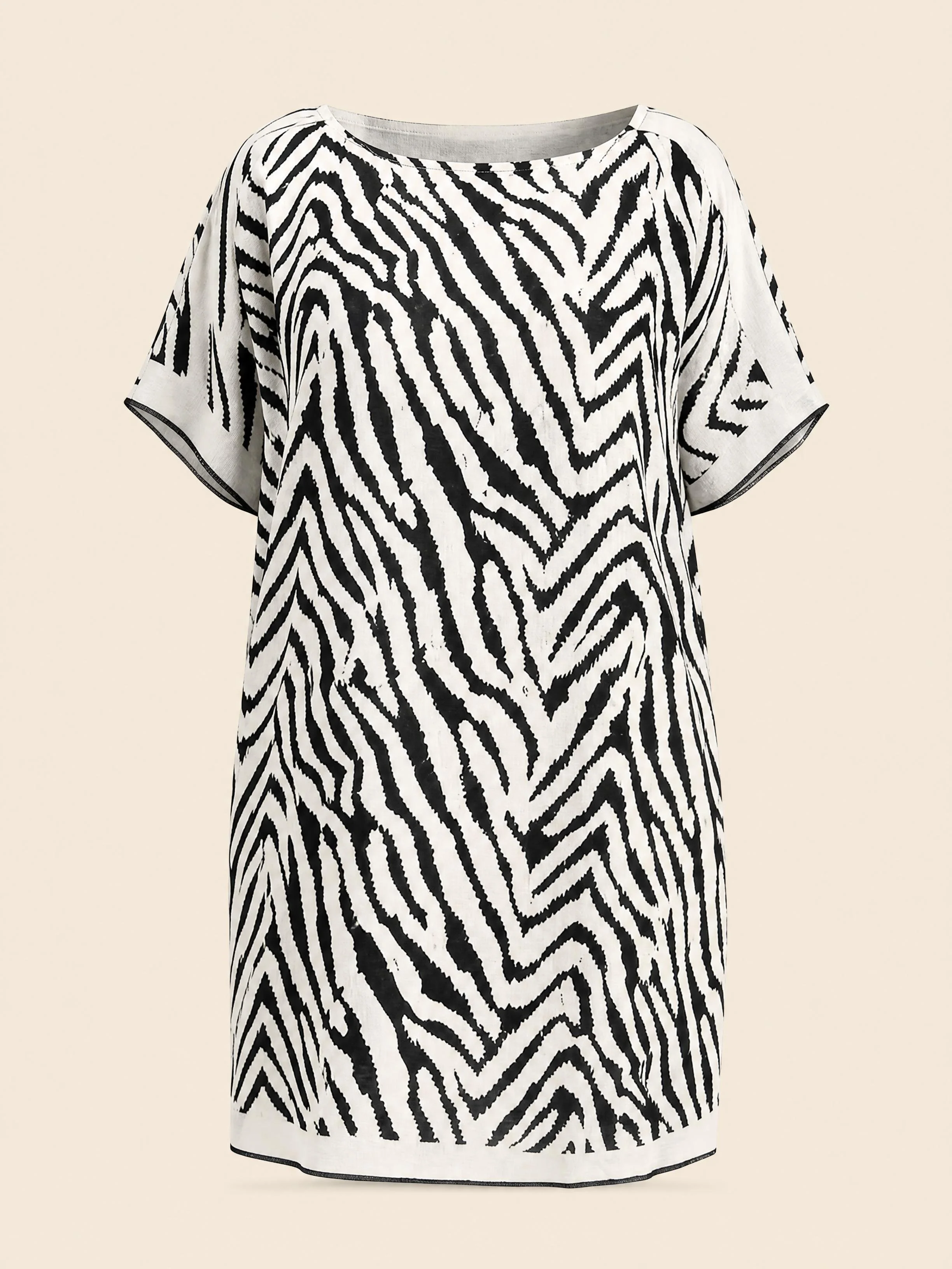 Zebra Noir resort wear mini silk kaftan in painted black and white zebra stripe