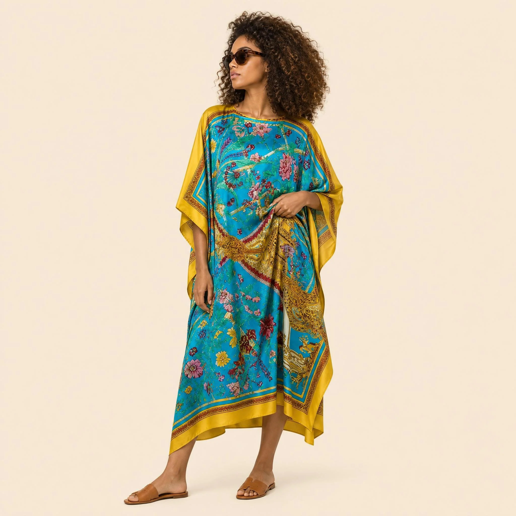 Turquoise Palace long silk kaftan in gilded palace arches and roses on turquoise with a saffron border