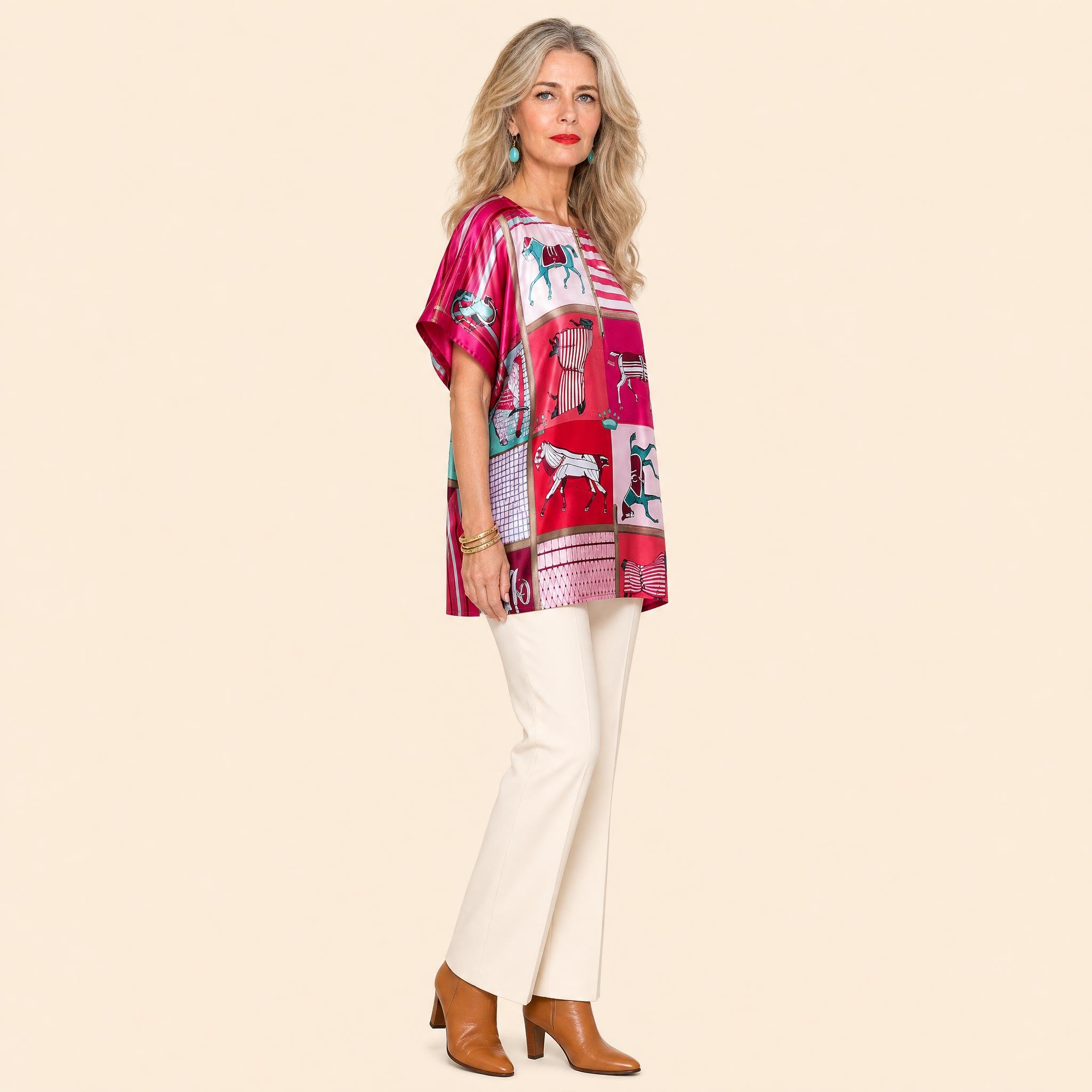 Blanketed horses in fuchsia, watermelon and rose patchwork — Rose Stable mini silk kaftan by Dawn Bradbury Design