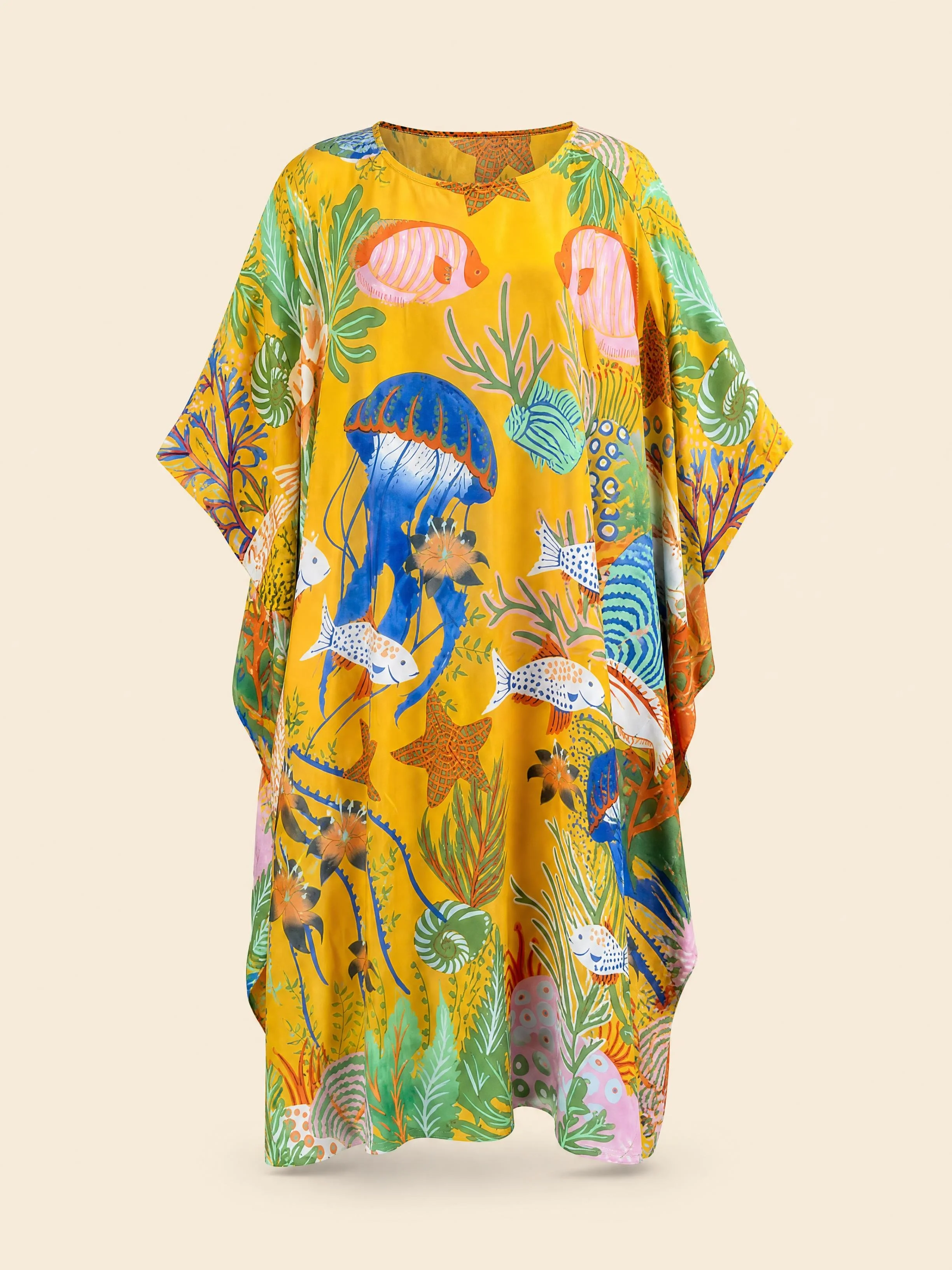 Saffron Reef long silk kaftan in jade and cobalt reef on deep saffron