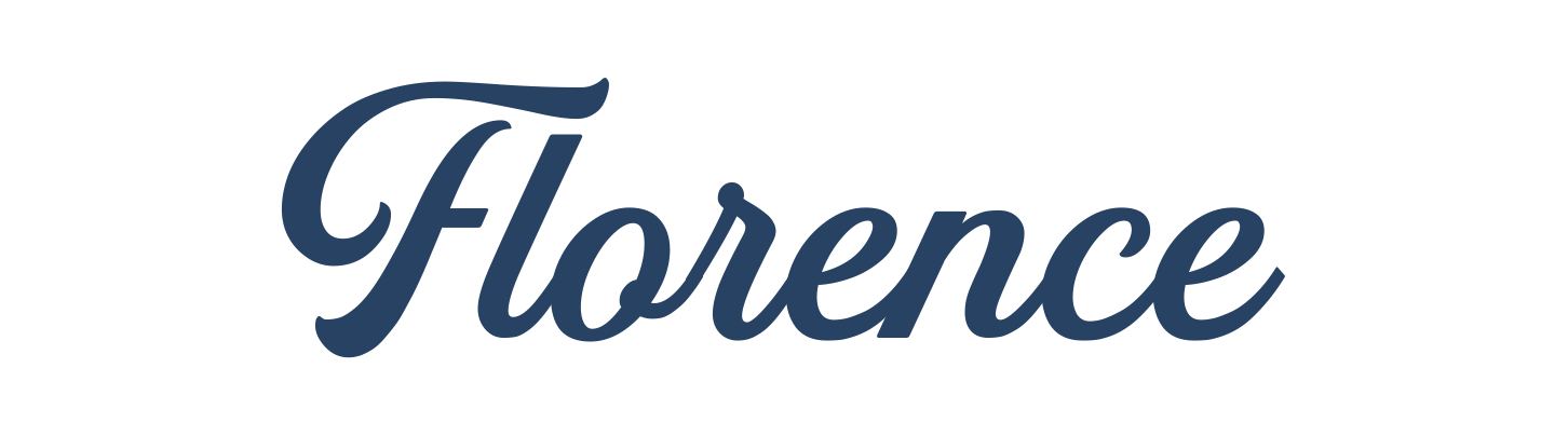 Logotype reading 'Florence' in navy blue cursive font.