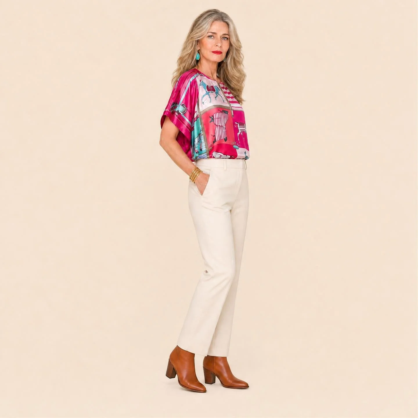 Dawn Bradbury Rose Stable mini silk kaftan, blanketed horses in fuchsia, watermelon and rose patchwork