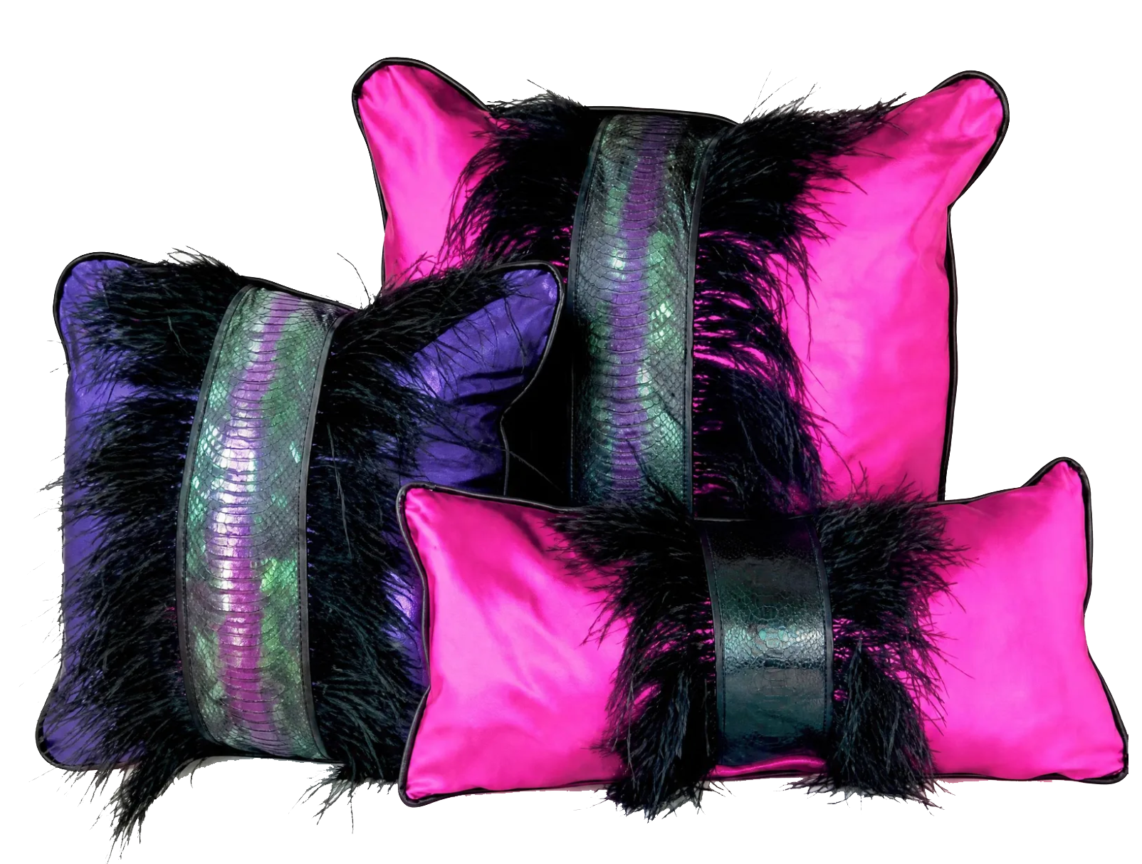 Set of three decorative pillows, two pink with black fur trim, one purple with black fur trim, and iridescent green snake print accents.