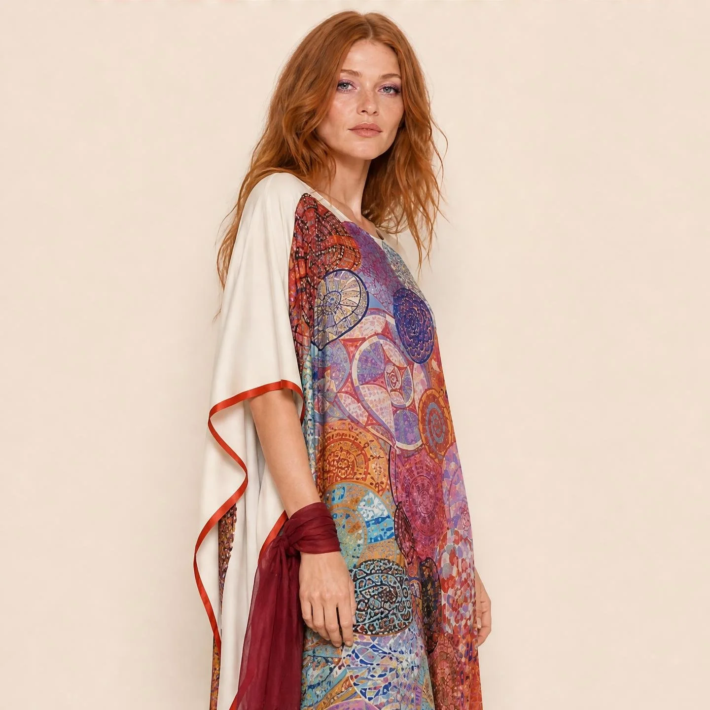 Dawn Bradbury Rose Mandala long silk kaftan, rose, apricot and violet medallions on ivory