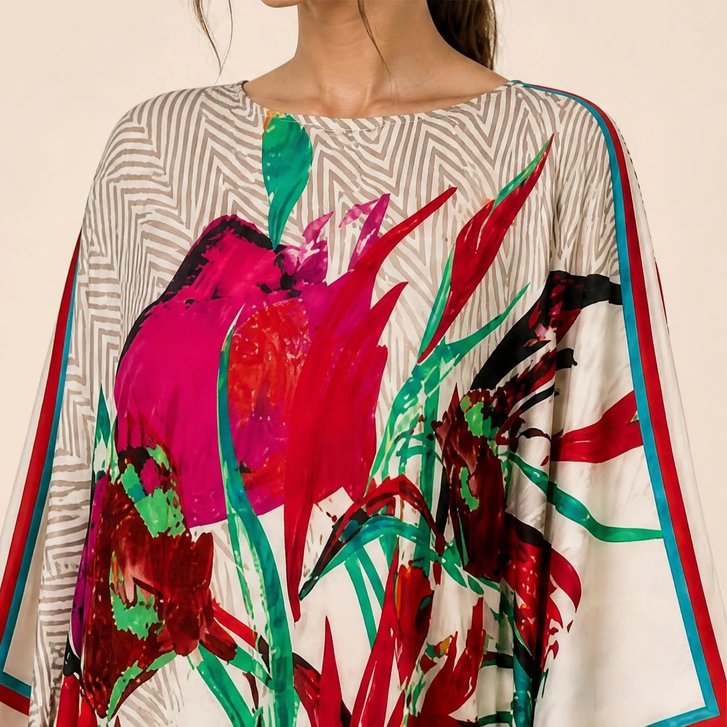 Dawn Bradbury Ruby Tulip long silk kaftan, ruby and magenta blooms on woven-texture cream