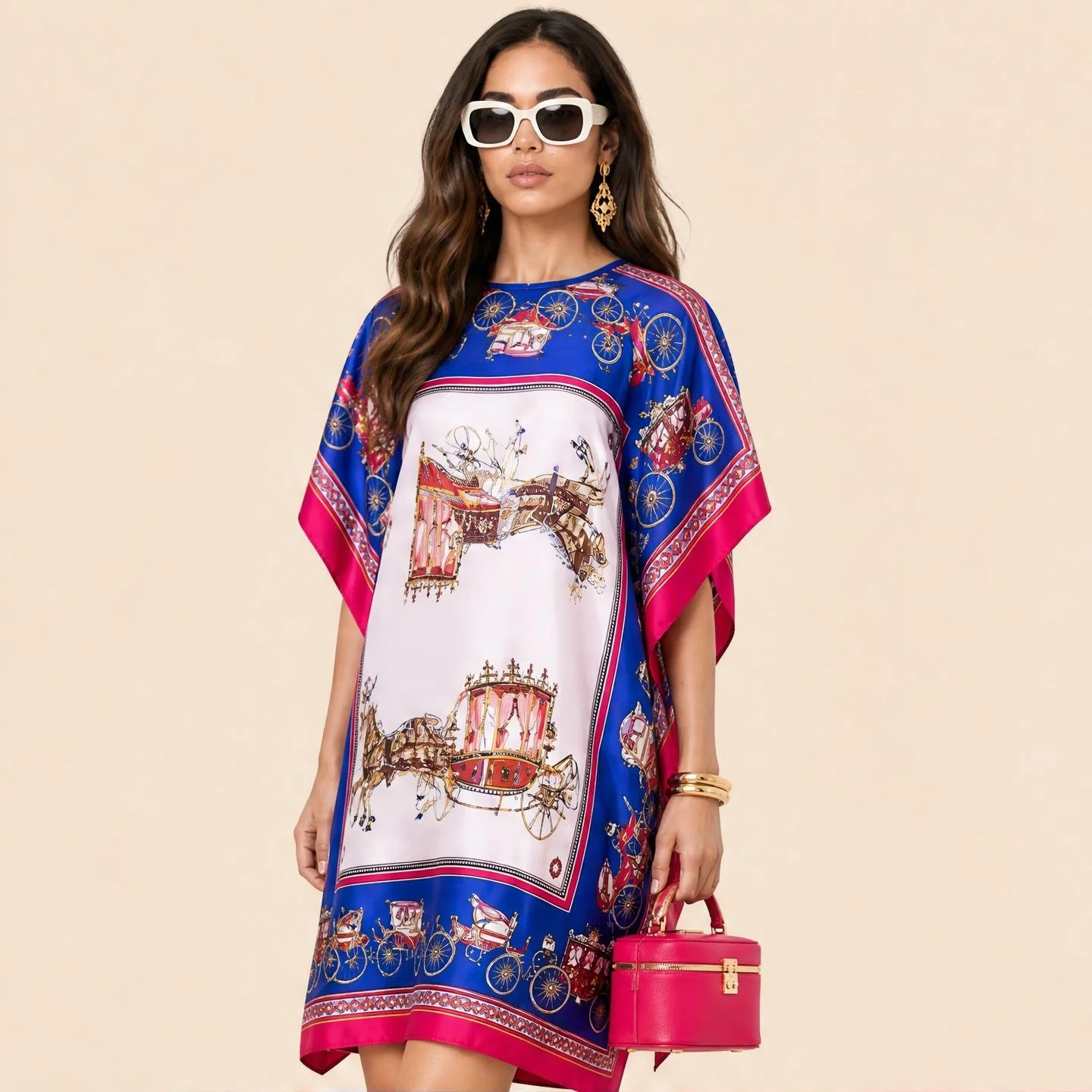 Gold state carriages on royal blue with a fuchsia border — Royal Coach mini silk kaftan by Dawn Bradbury Design