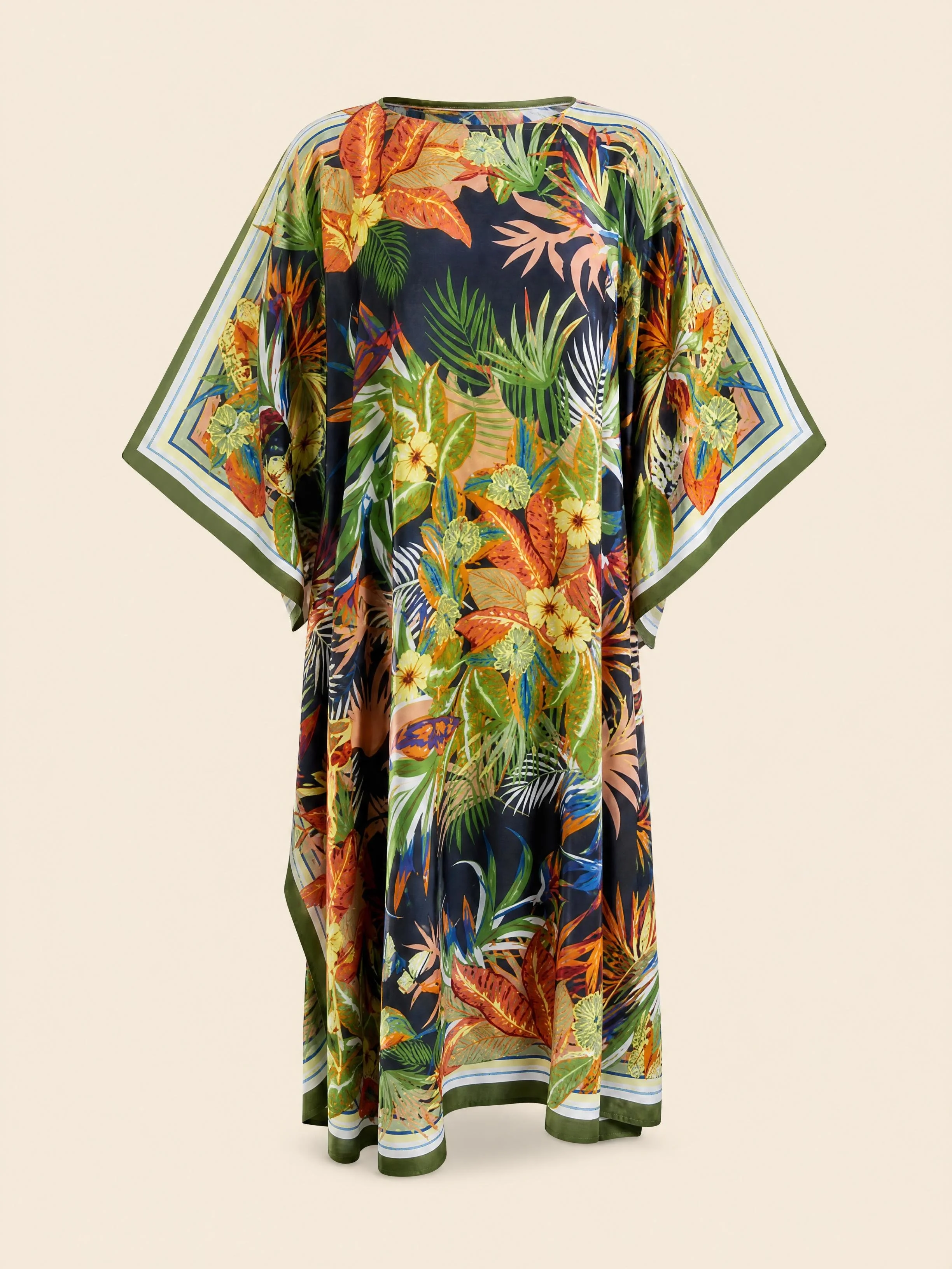 Twilight Jungle resort wear long silk kaftan in ochre and olive jungle foliage on near-black