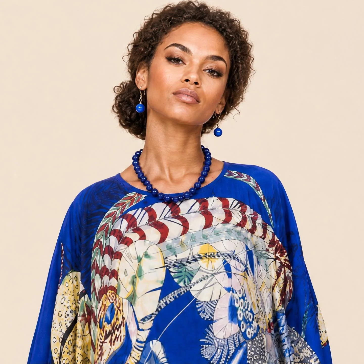 Cream and gold shells on deep sapphire — Sapphire Shell long silk kaftan by Dawn Bradbury Design