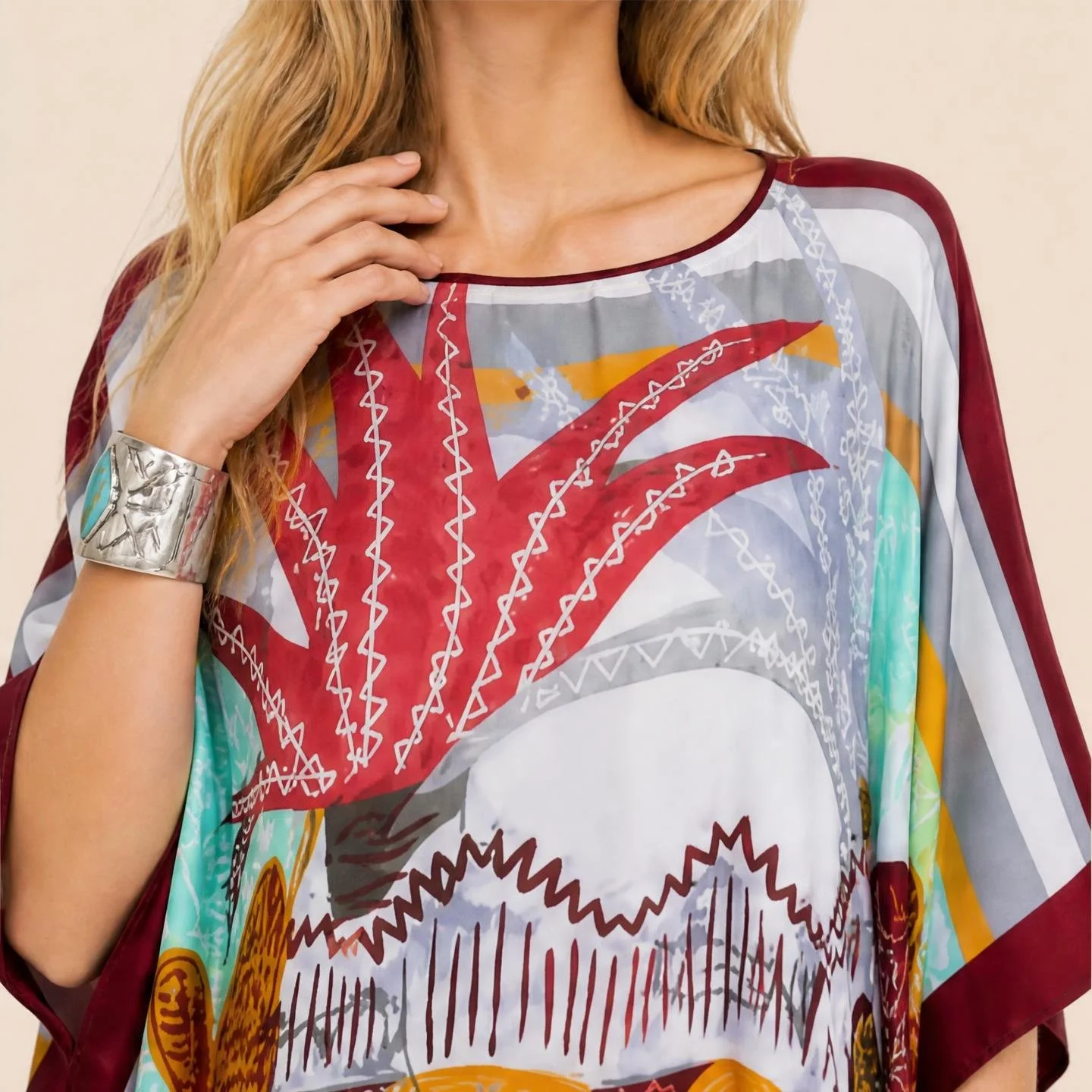 Dawn Bradbury Santa Fe long silk kaftan, scarlet agave and adobe arches on pale desert blue