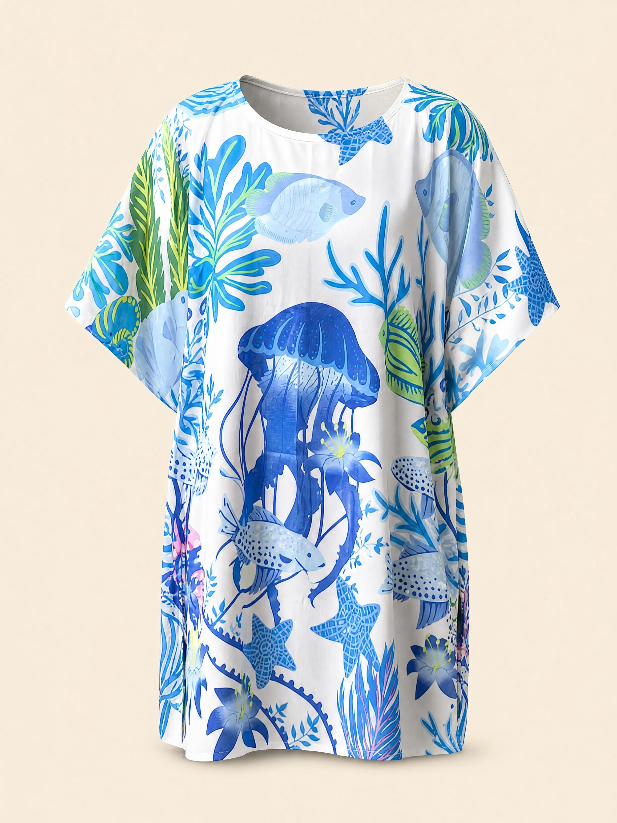 Porcelain Sea mini silk kaftan in blue jellyfish and coral on white