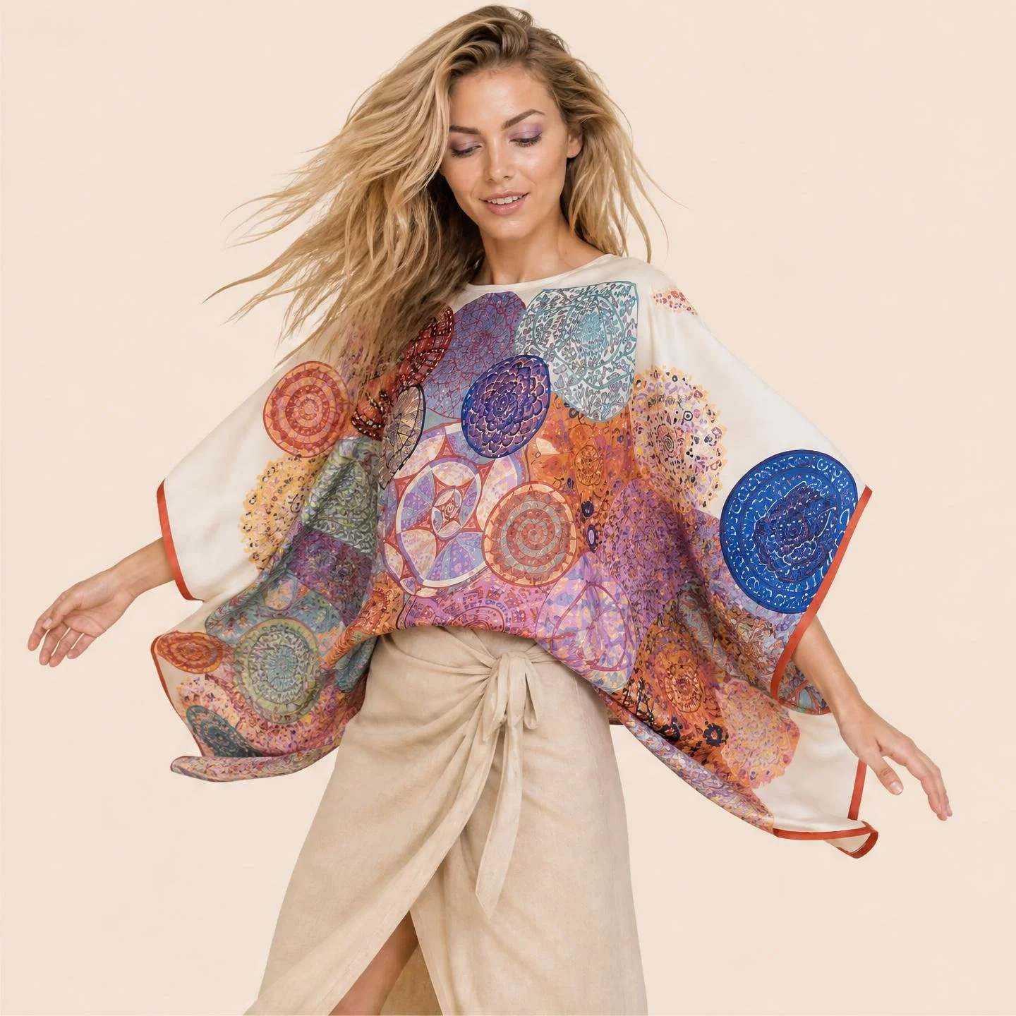 Rose, apricot and violet medallions on ivory — Rose Mandala mini silk kaftan by Dawn Bradbury Design