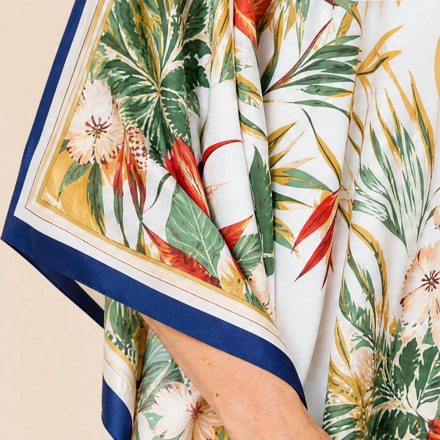 Dawn Bradbury Strelitzia long silk kaftan, coral and gold bird of paradise on white with a navy border