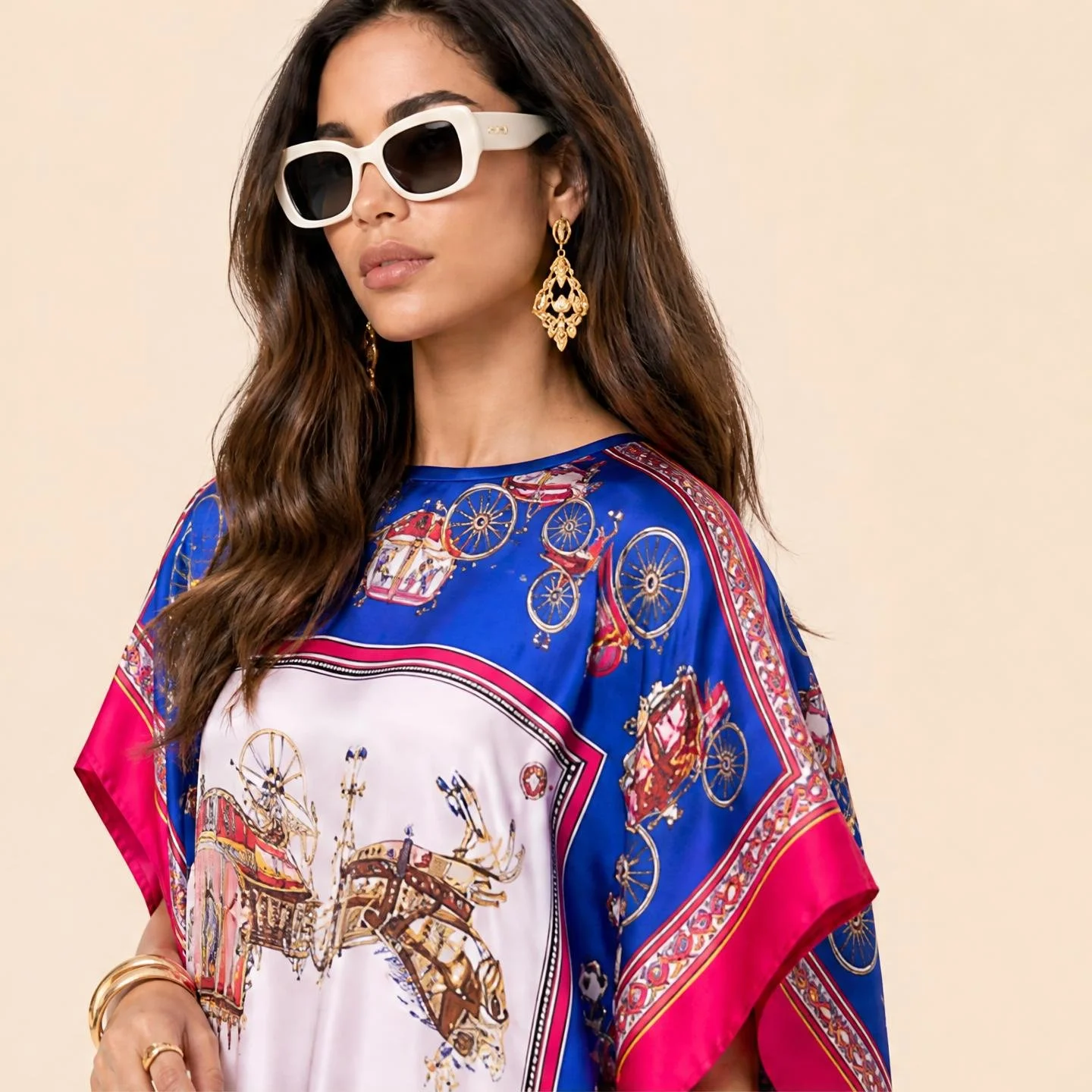 Dawn Bradbury Royal Coach mini silk kaftan, gold state carriages on royal blue with a fuchsia border