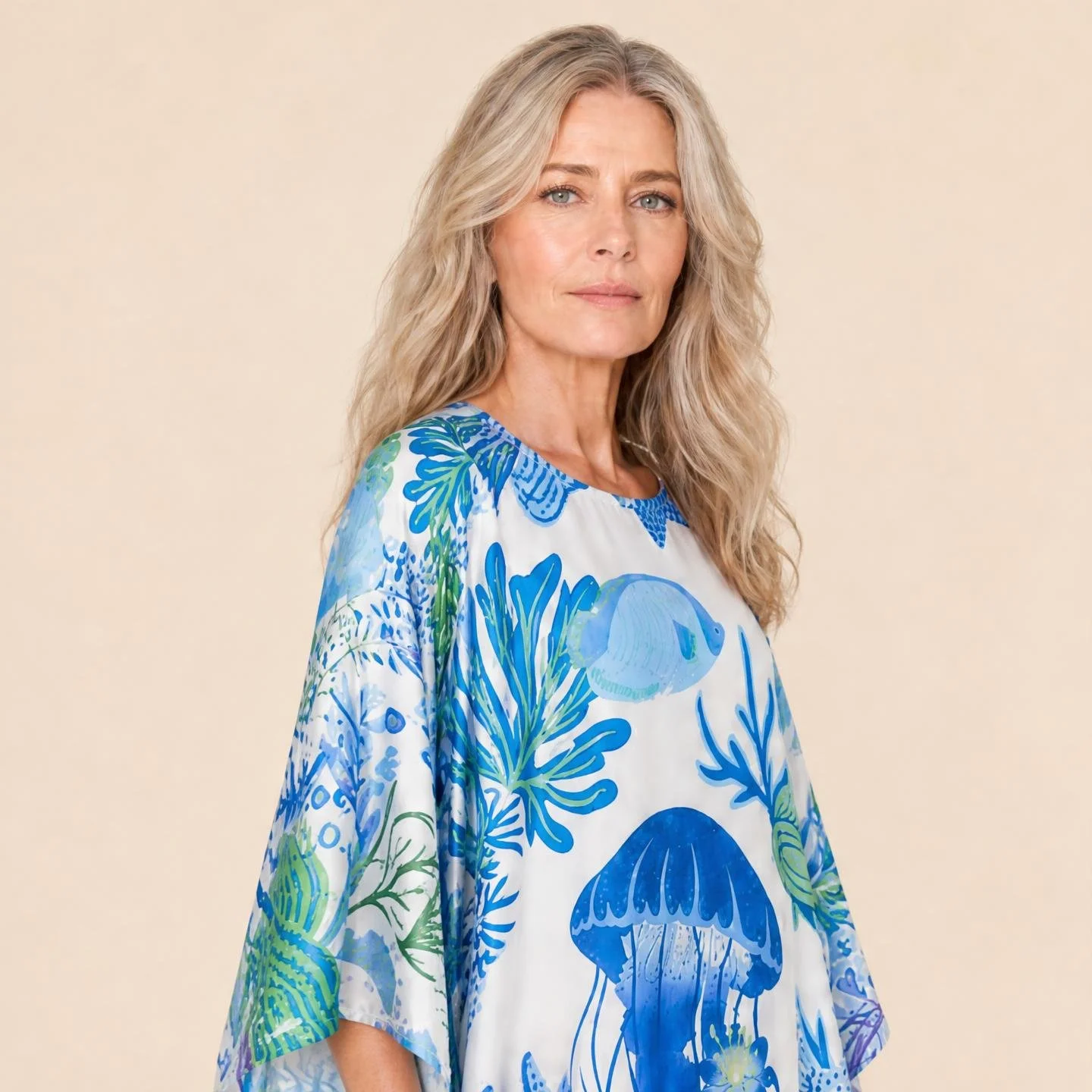 Blue jellyfish and coral on white — Porcelain Sea long silk kaftan by Dawn Bradbury Design