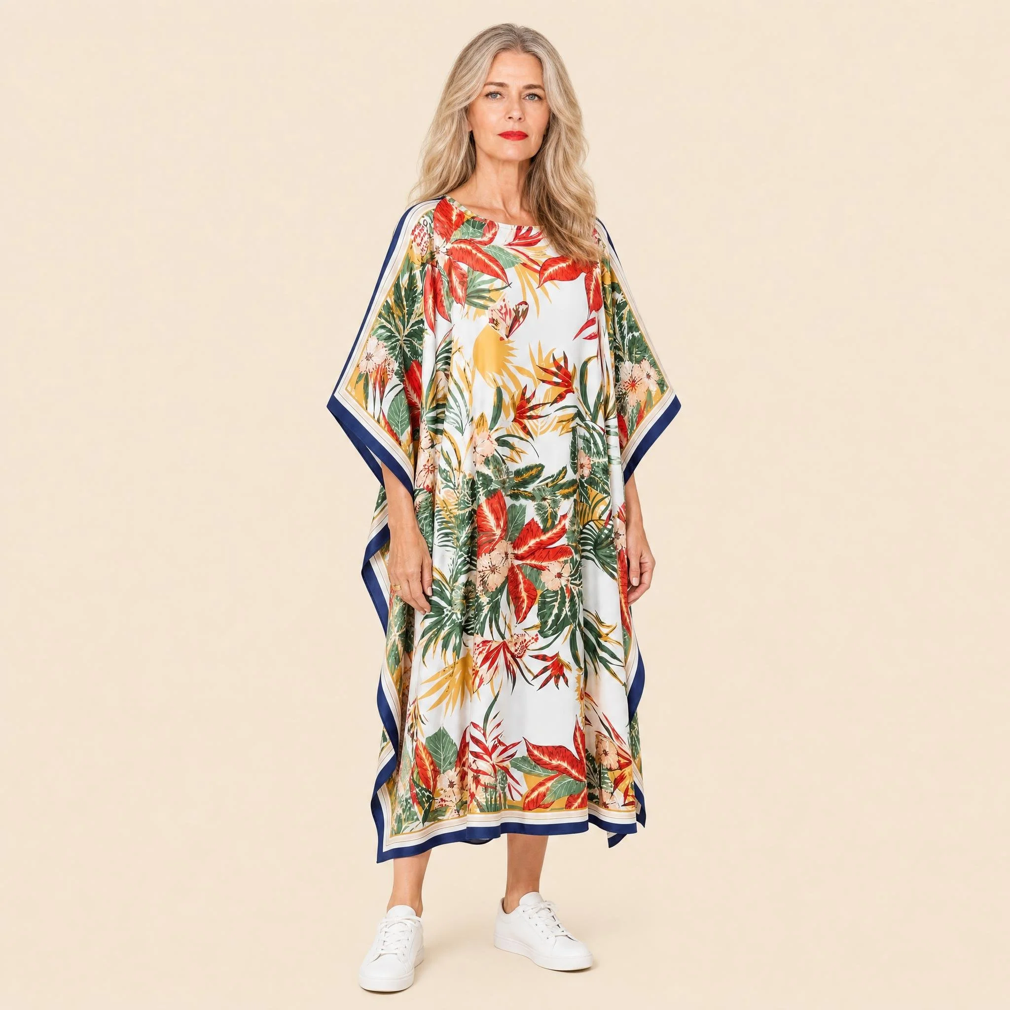 Strelitzia long silk kaftan in coral and gold bird of paradise on white with a navy border