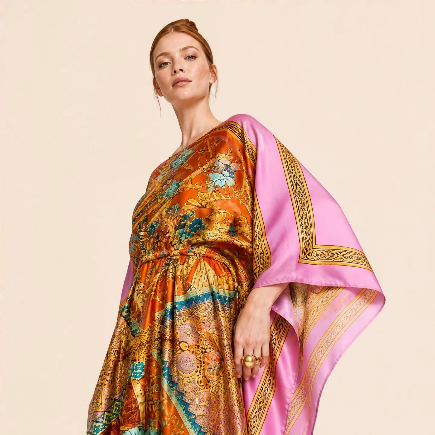 Burnt orange and gold palace ornament with a pink border — Saffron Palace long silk kaftan by Dawn Bradbury Design