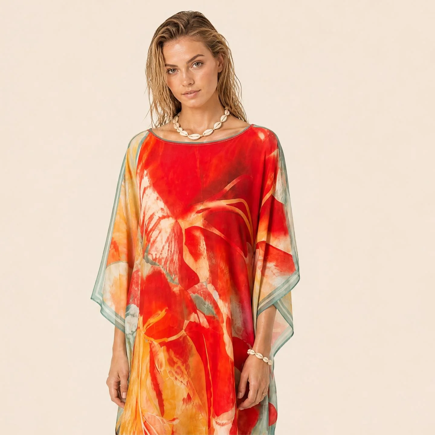 Dawn Bradbury Flame Bloom mini silk kaftan, scarlet and flame watercolour washes with sage edges