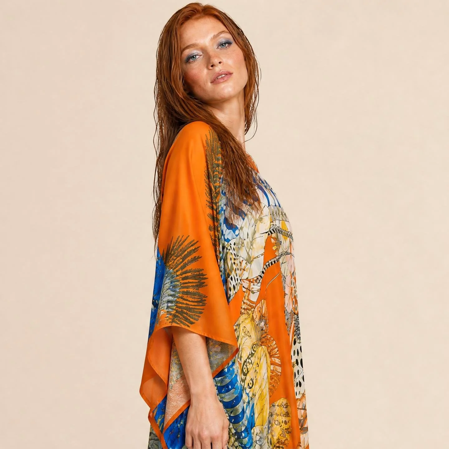 Marigold and chartreuse feathers on burnt orange — Sunset Plume long silk kaftan by Dawn Bradbury Design