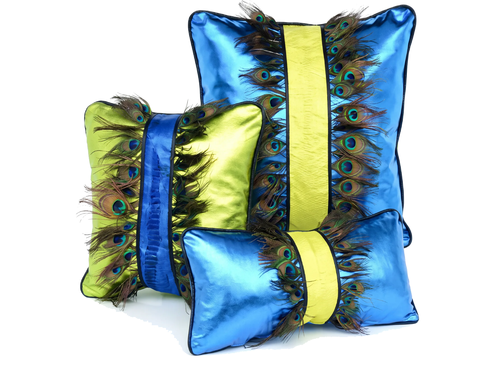 Stack of colorful bags with peacock feather accents, featuring blue and yellow designs, arranged on a white surface.