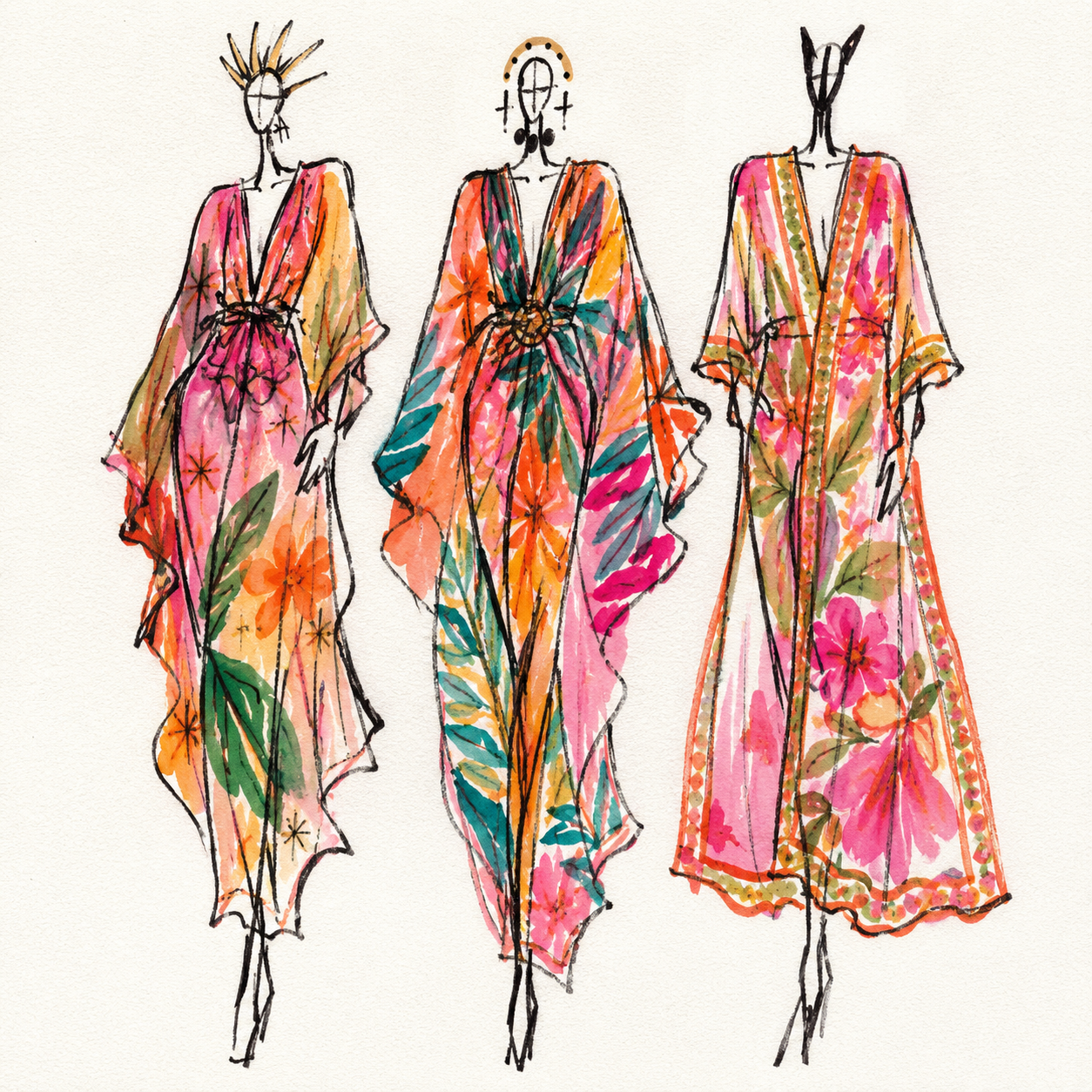 Fashion sketches of three women wearing colorful, floral-patterned dresses with flowing, loose-fitting designs.