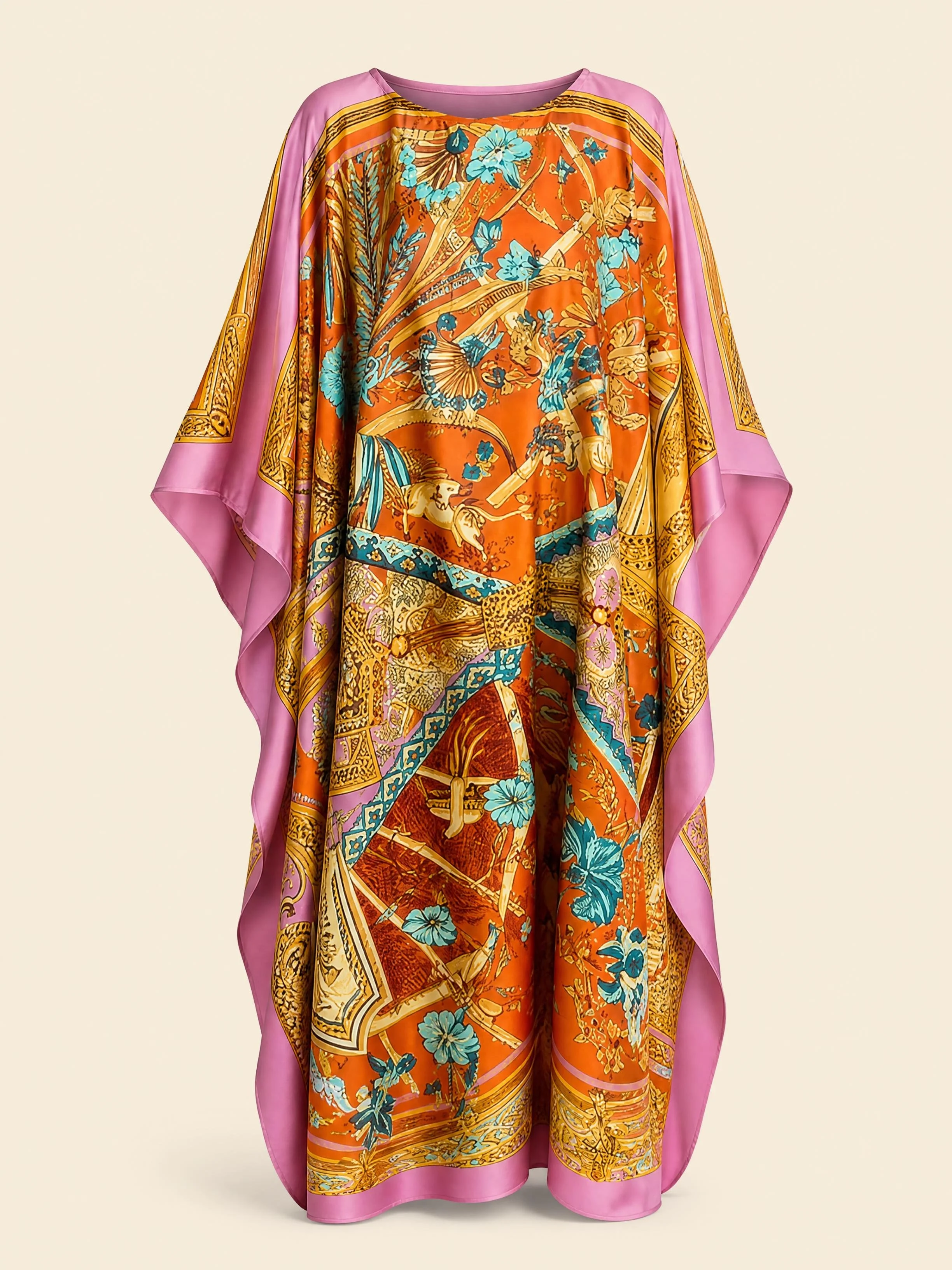 Saffron Palace resort wear long silk kaftan in burnt orange and gold palace ornament with a pink border