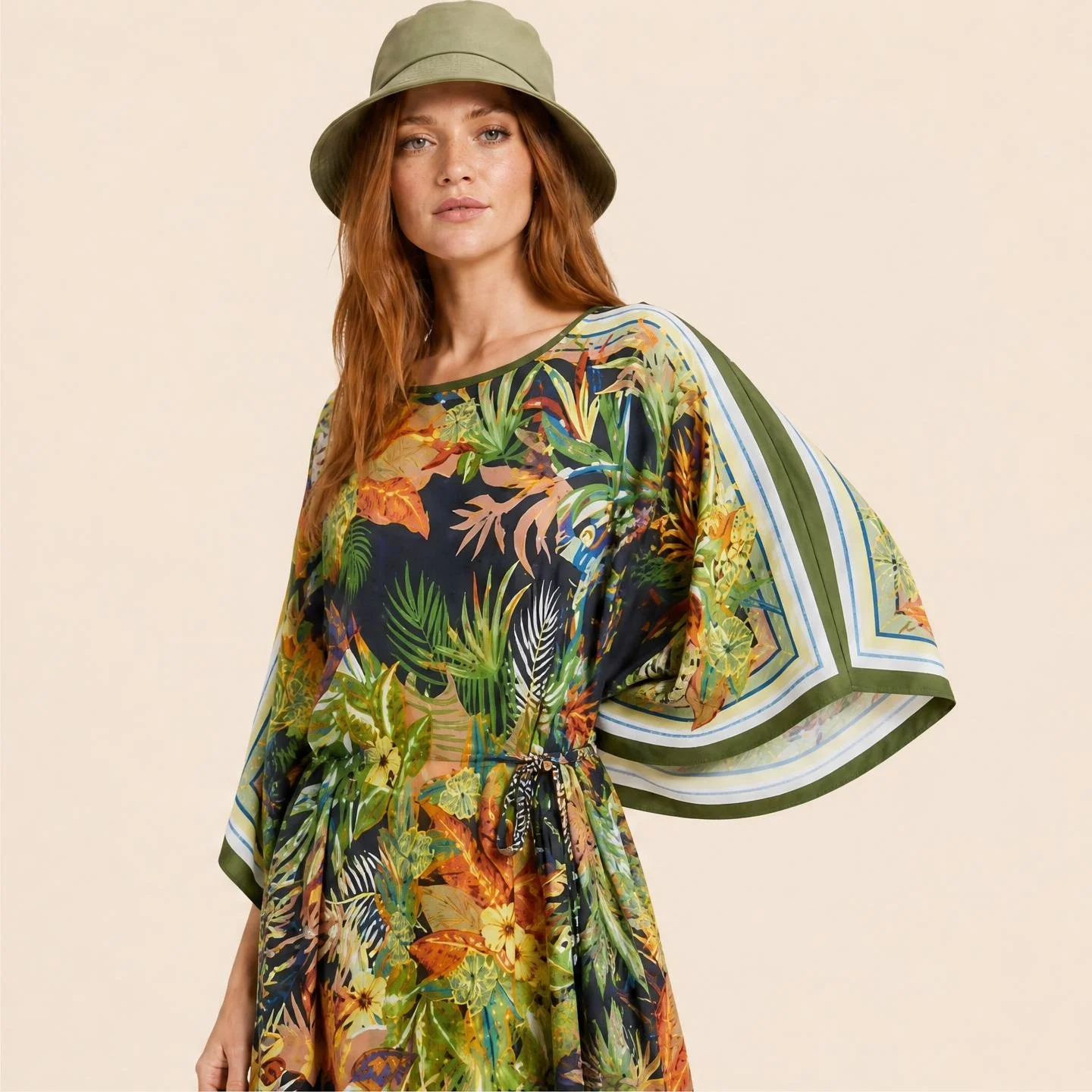 Ochre and olive jungle foliage on near-black — Twilight Jungle long silk kaftan by Dawn Bradbury Design