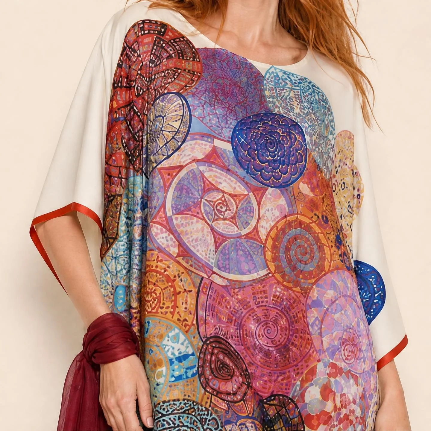 Rose Mandala resort wear long silk kaftan in rose, apricot and violet medallions on ivory