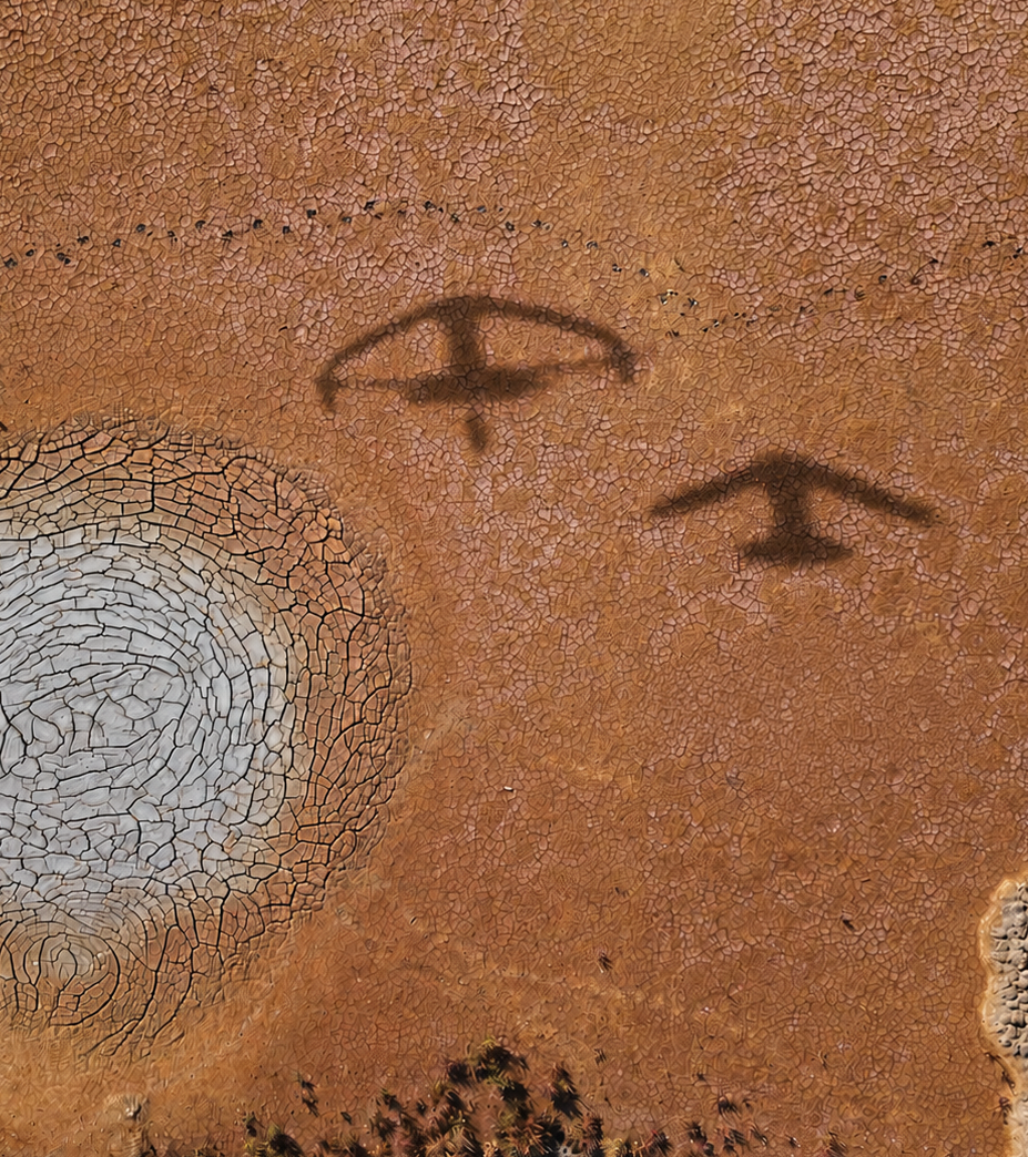 Close-up of cracked dry earth with two shadows of discarded umbrellas and a white circular pattern on the surface.