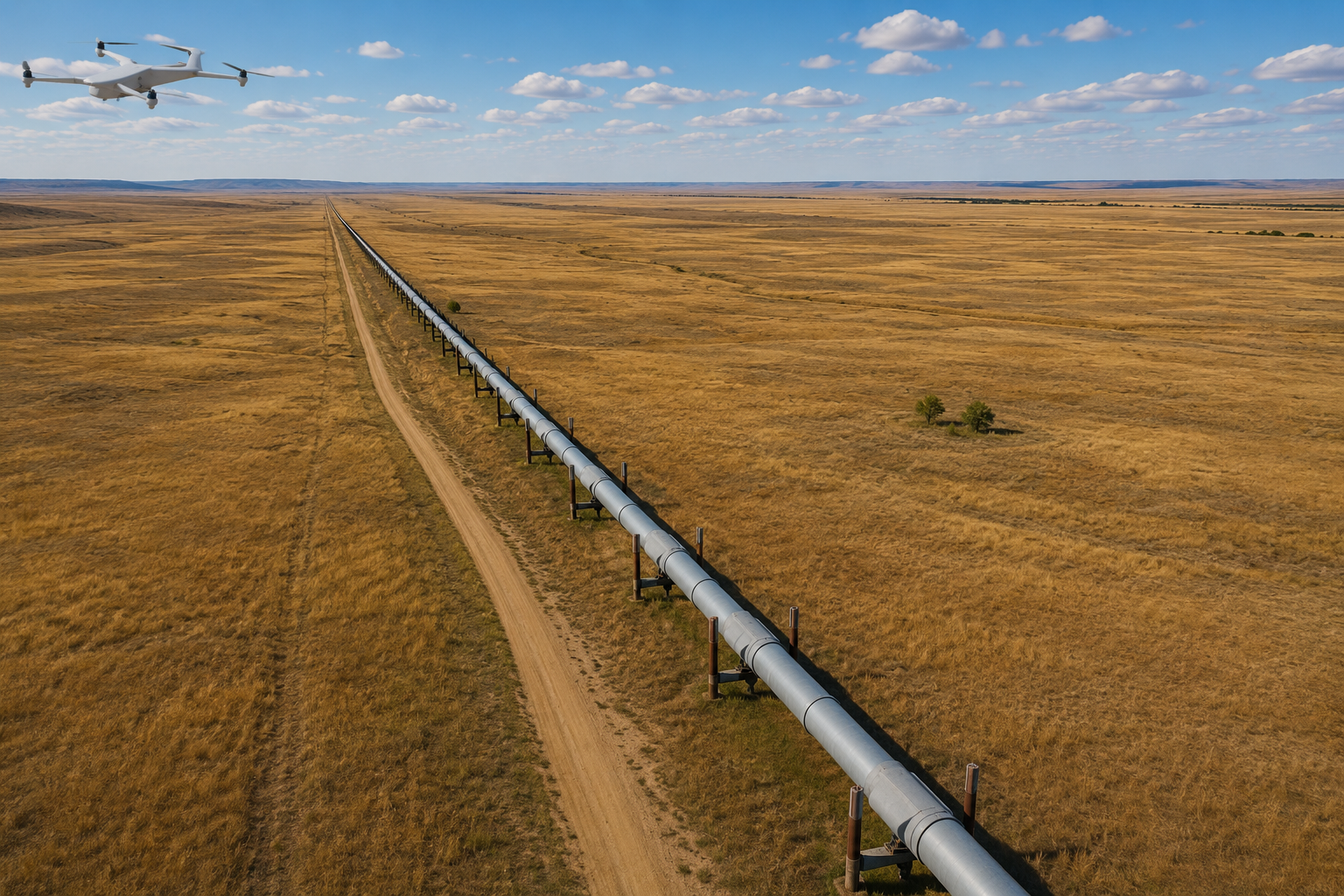 A drone flying in the sky above a long pipeline running through a flat, open field with few scattered trees on a partly cloudy day.