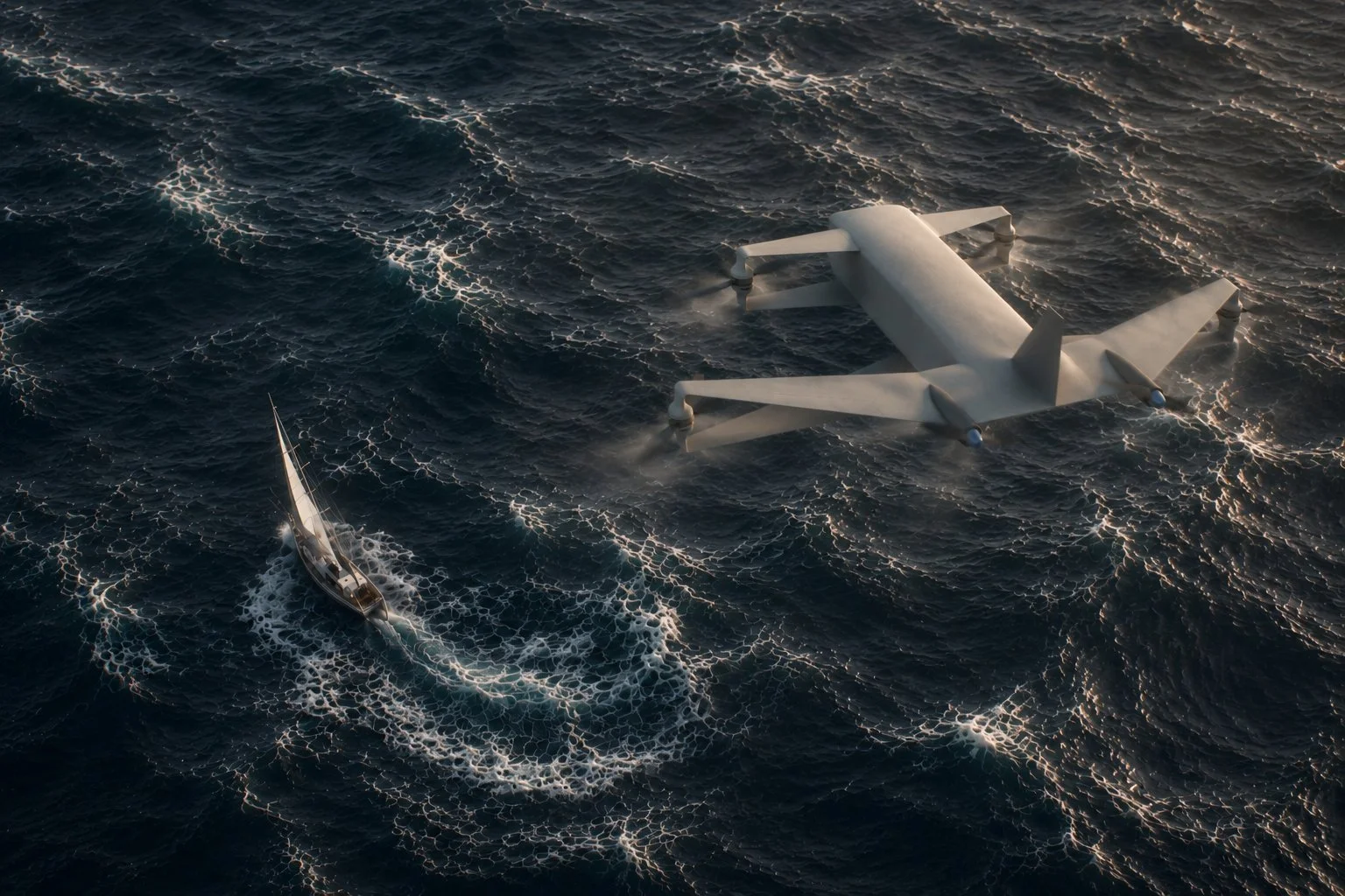 An aerial view of a boat and a large drone flying above the ocean, both creating waves and wake in the water.
