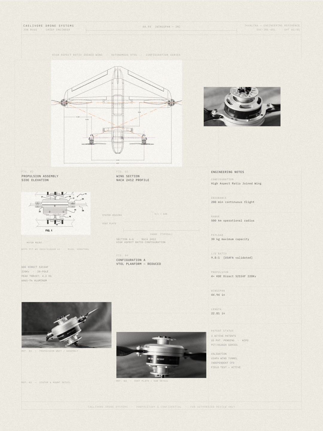Technical schematic diagram of a drone system, including propulsion assembly, wing section, vent plate, and propulsion unit, with photographs of drone components and engineering notes.