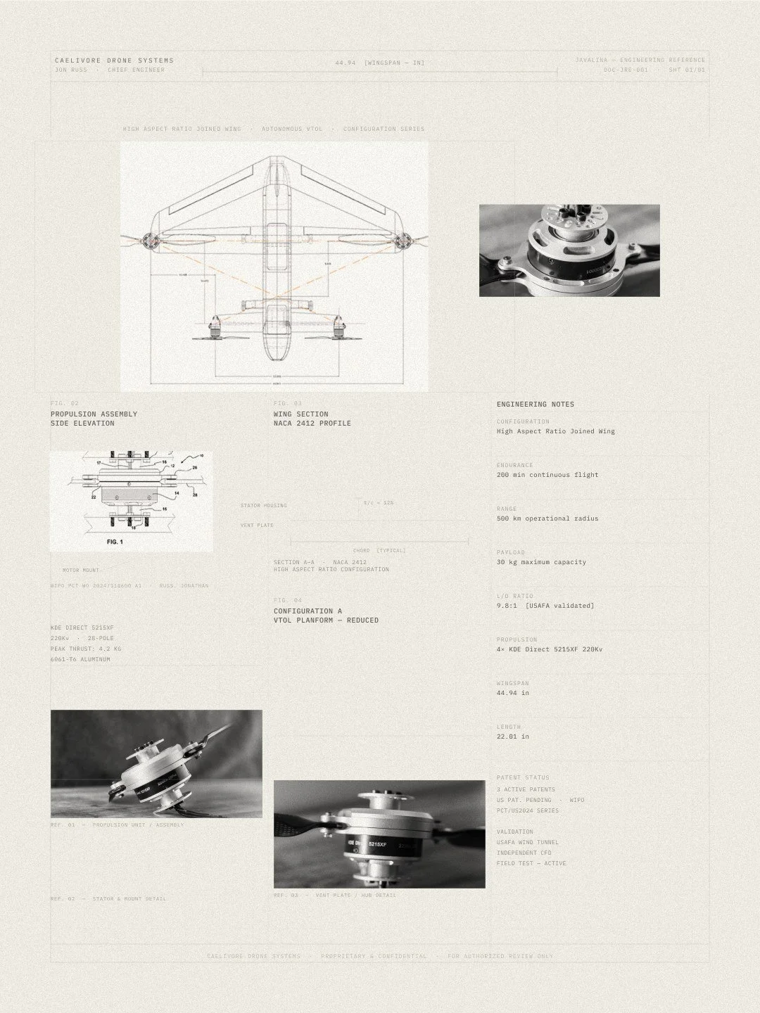Technical schematic diagram of a drone system, including propulsion assembly, wing section, vent plate, and propulsion unit, with photographs of drone components and engineering notes.