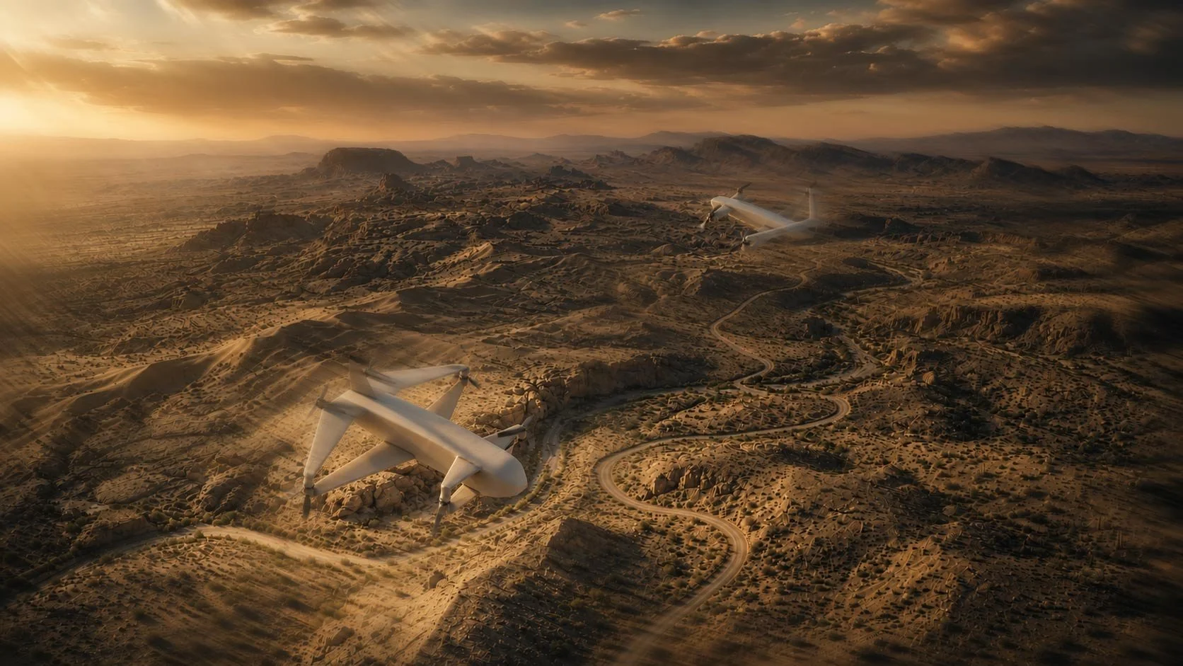 Two futuristic airplanes flying over a rugged desert landscape during sunset, with winding roads and scattered vegetation.